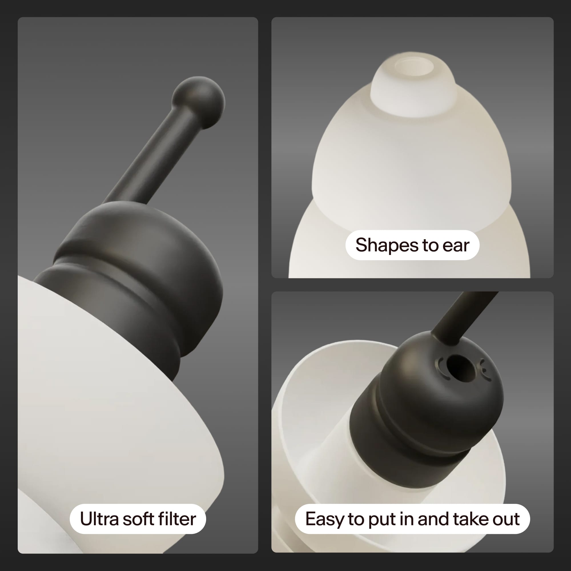 Close-ups of the Alpine MotoSafe Tour earplug labelled "Ultra soft filter", "Shapes to ear", "Easy to put in and take out"
