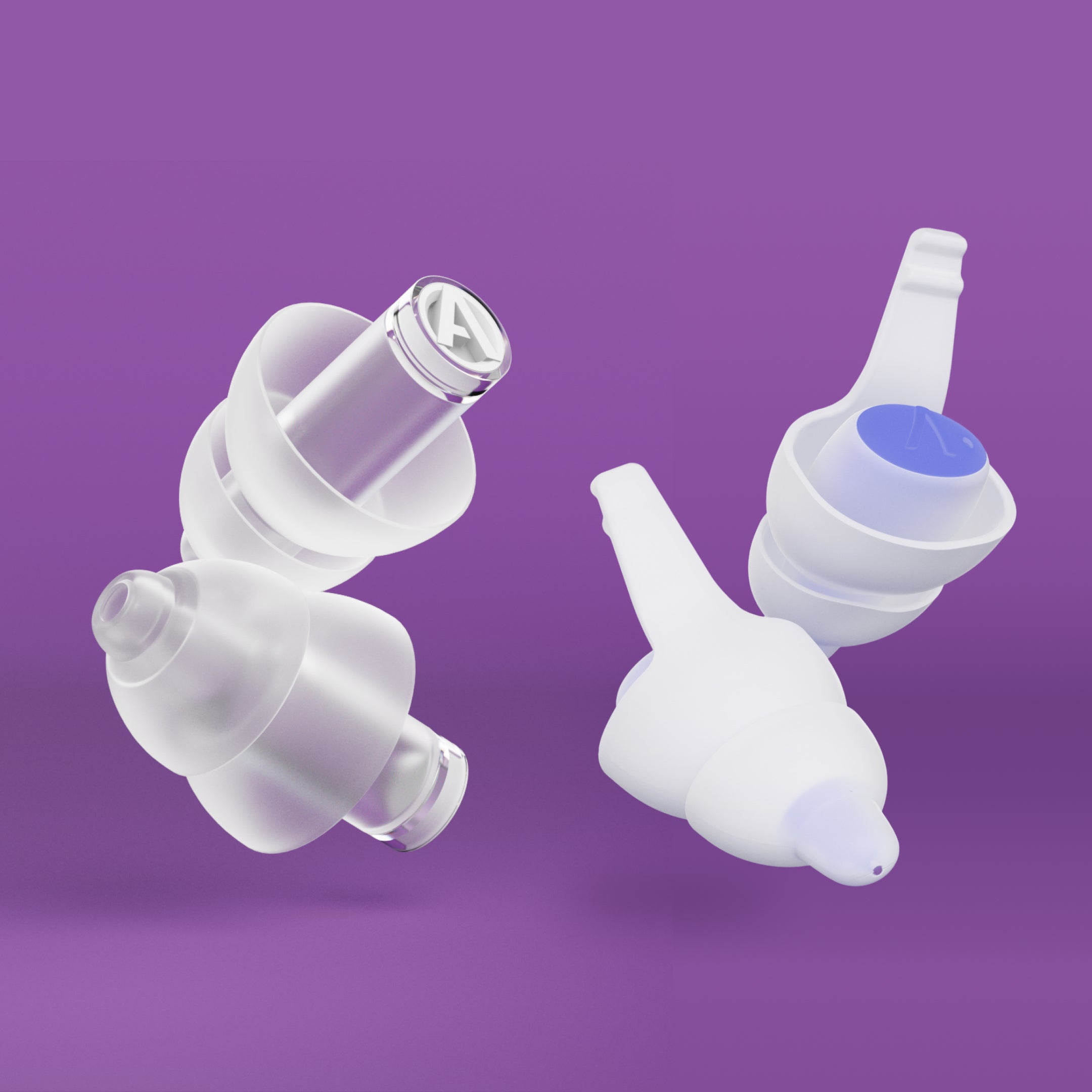 Close-up of Alpine PartyPlug Pro and Alpine SleepDeep earplugs, 3D render on a purple background