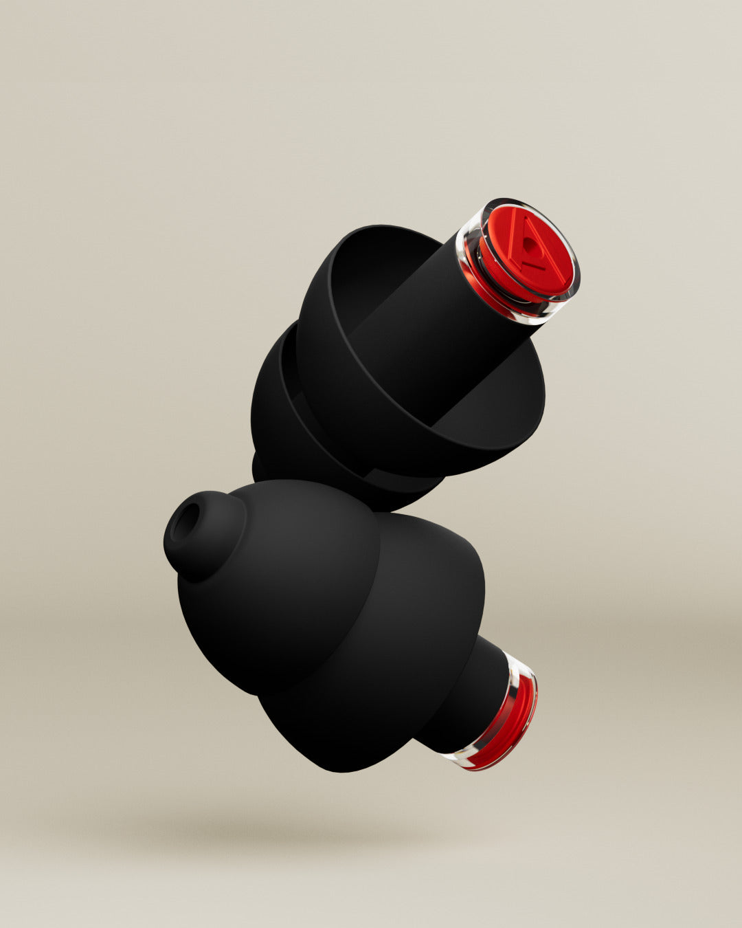 Pair of black Alpine Formula 1® Earplugs with red filters, 3D render