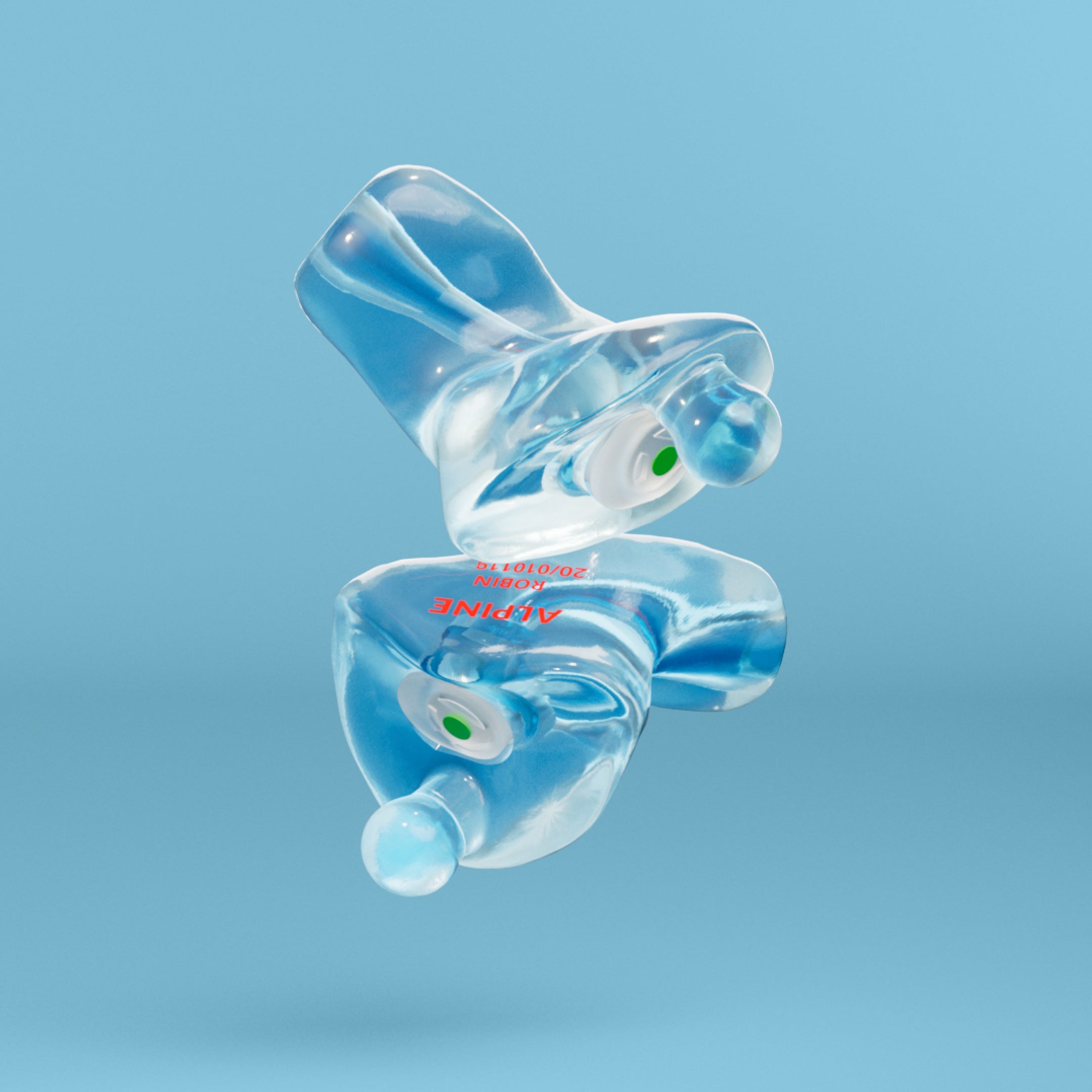 Pair of Alpine MotoSafe Custom Transparent Blue earplugs with filters, 3D render