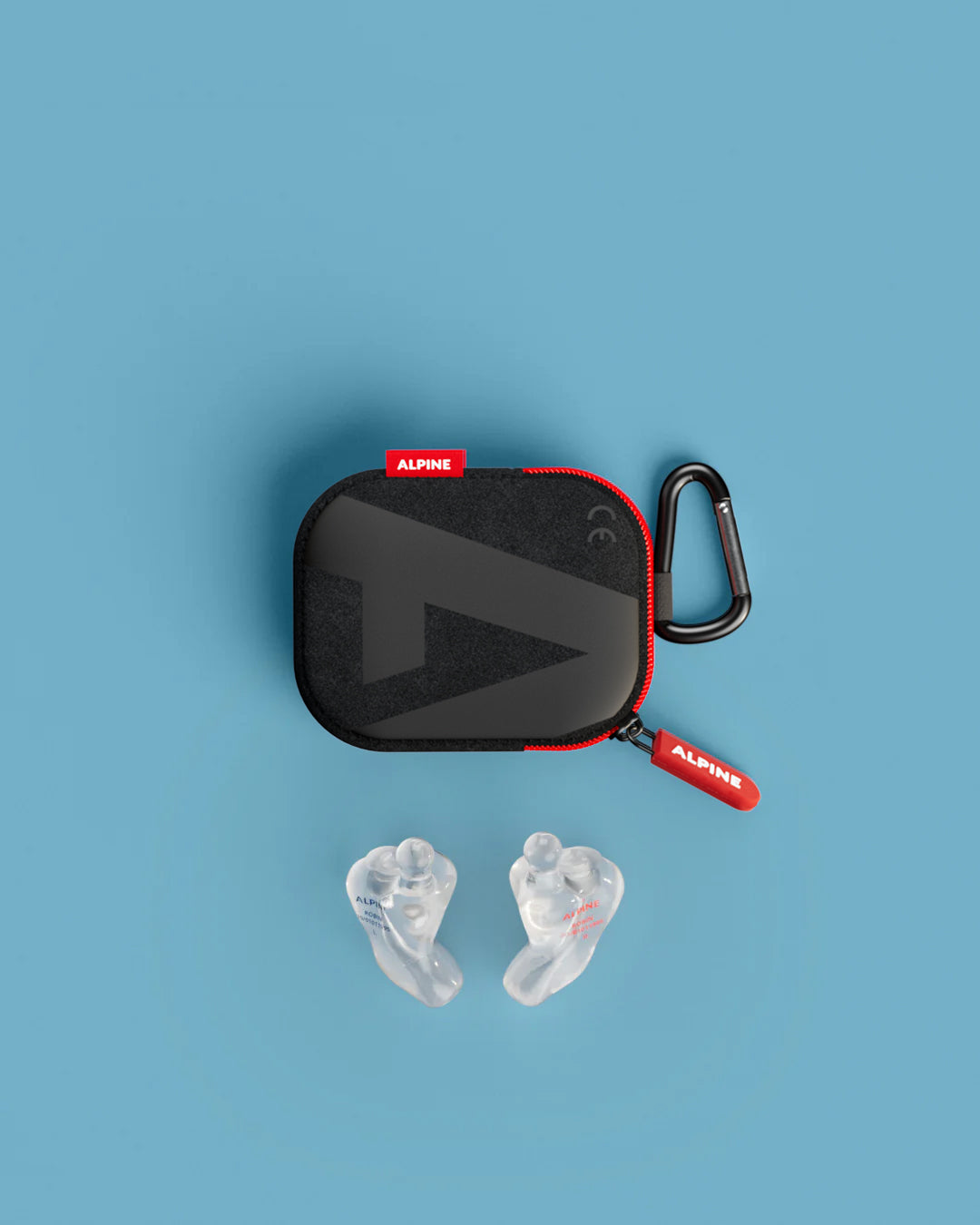 Alpine MusicSafe Custom Transparent earplugs with black carrying case, top view