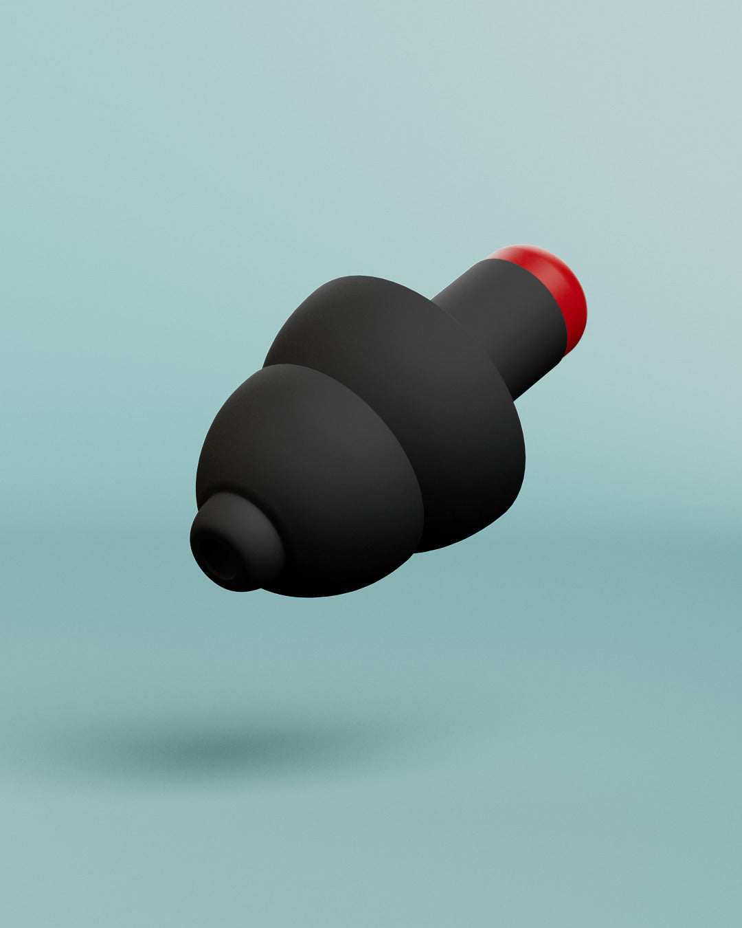 Alpine WorkSafe earplug, 3D render of a single black earplug with red filter tip on a light blue background