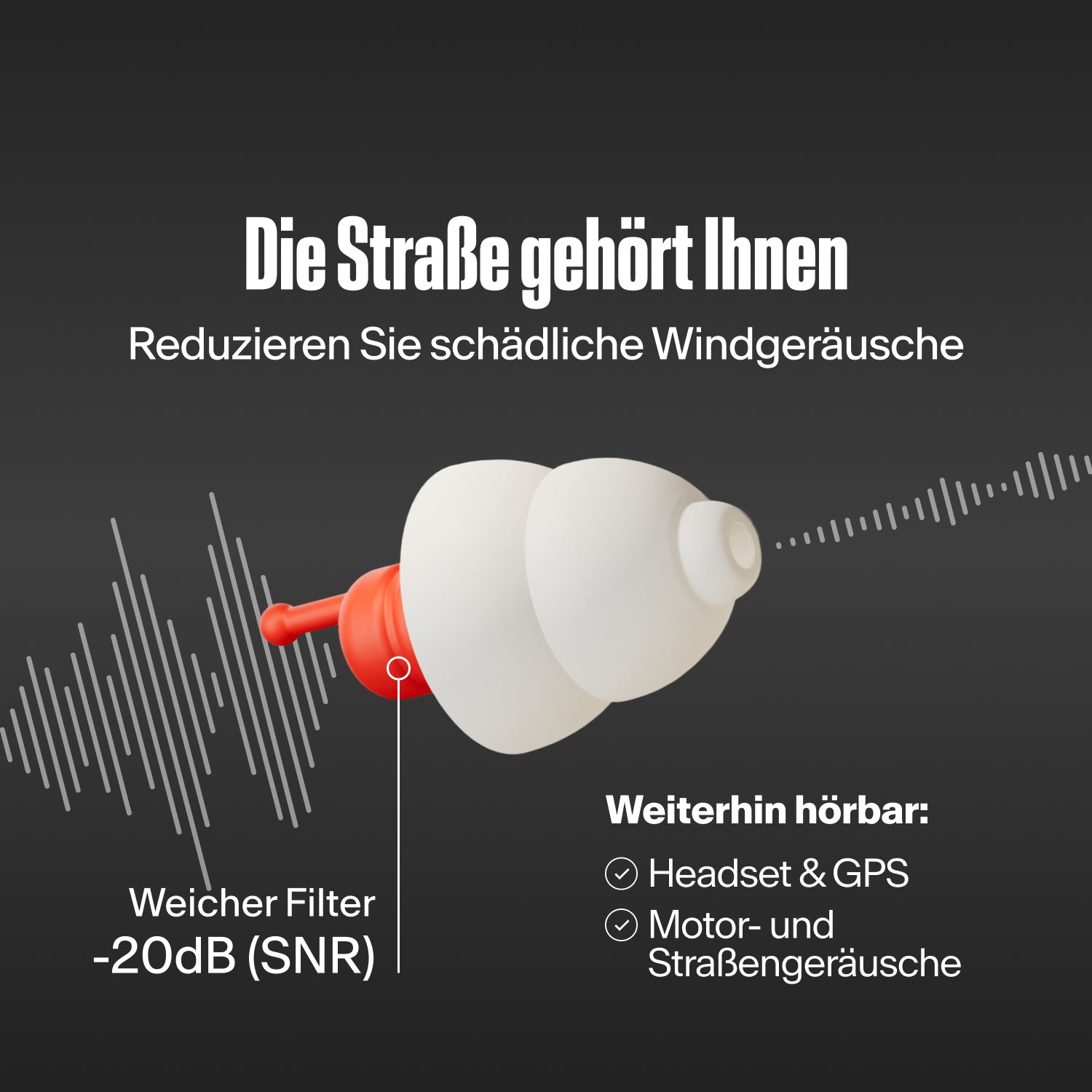 Alpine MotoSafe Sport Ohrstöpsel filtert Schallwellen, mit dem Text &