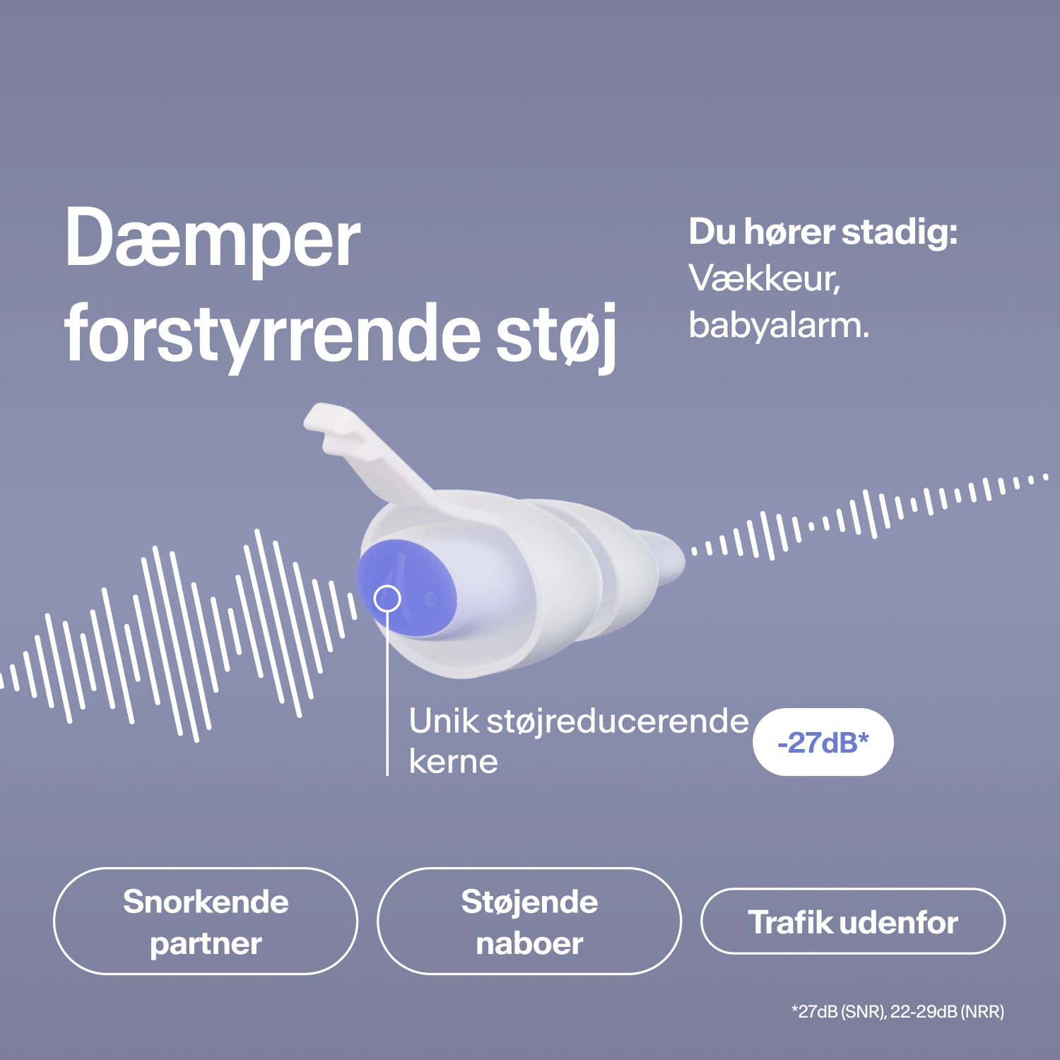 Alpine SleepDeep øreprop i størrelse L dæmper snorken, nabo- og trafikstøj med 27 dB, mens vækkeuret stadig kan høres 