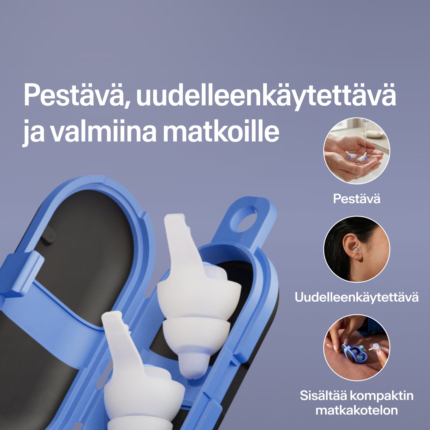 Pestävät, uudelleenkäytettävät Alpine SleepDeep -korvatulpat, koko L, avoimessa sinisessä matkakotelossa, valmiina matkalle  