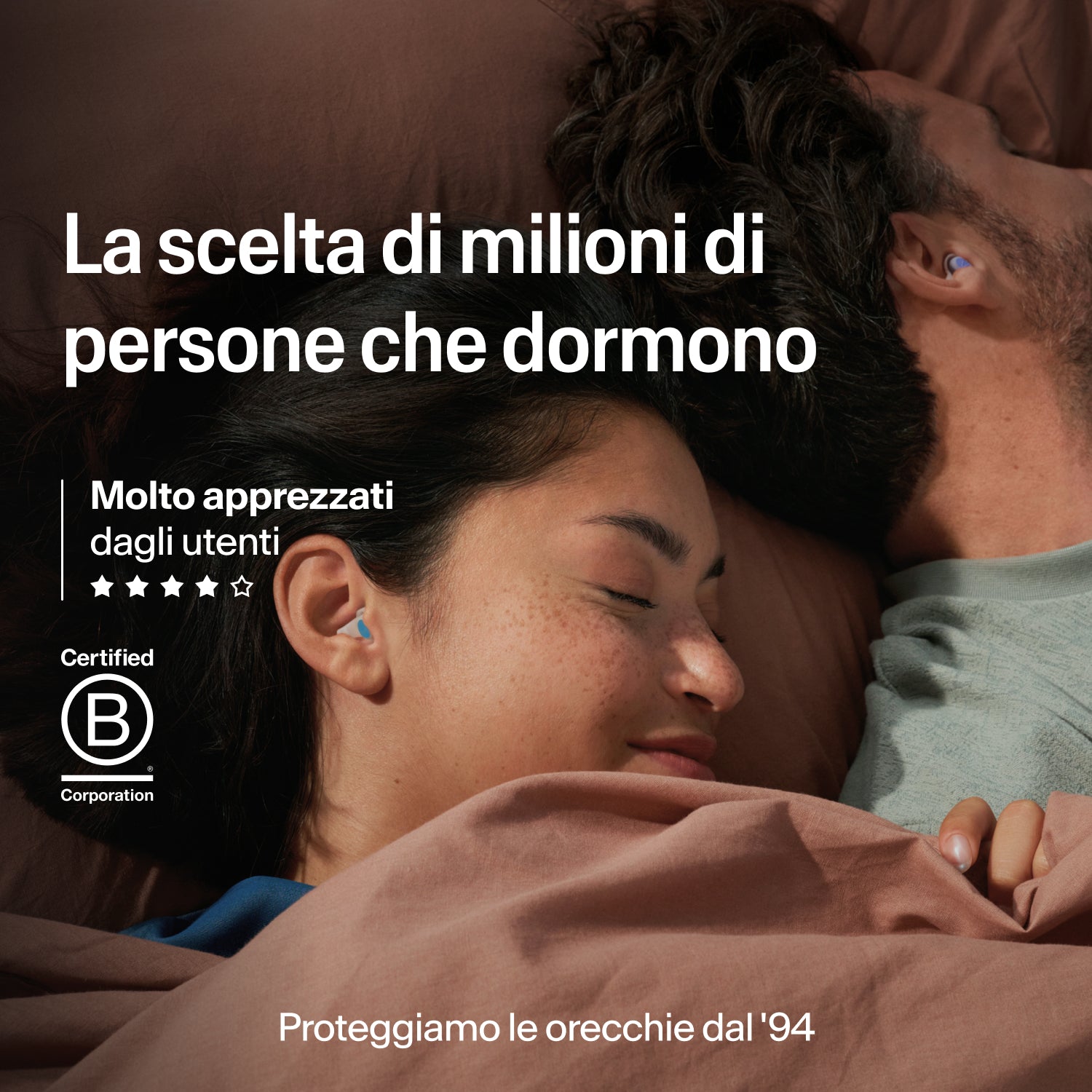 Coppia che dorme con tappi Alpine SleepDeep taglia L, scelti da milioni di persone, certificazione B Corp, protezione dell&