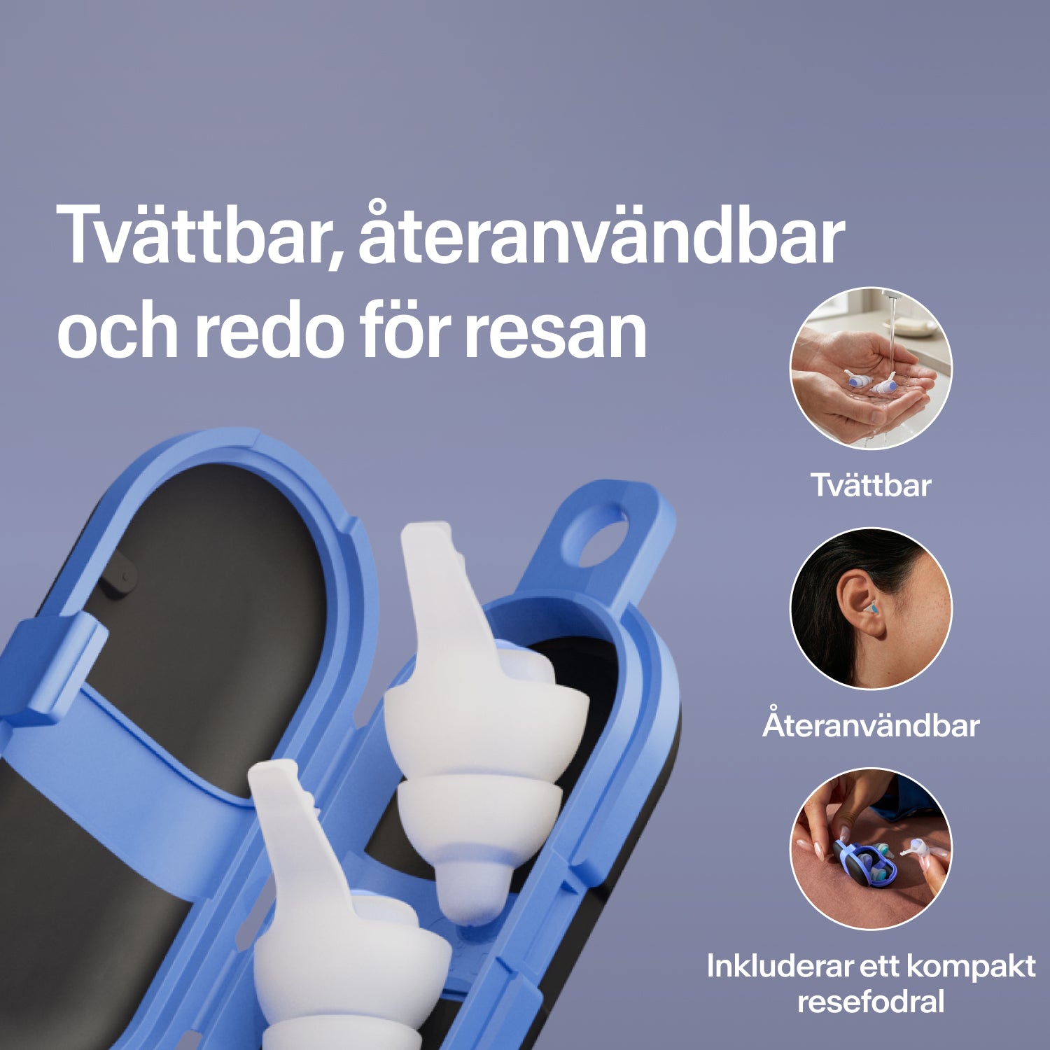 Tvättbara, återanvändbara Alpine SleepDeep öronproppar i storlek L i ett öppet blått kompakt reseetui, redo för resan  
