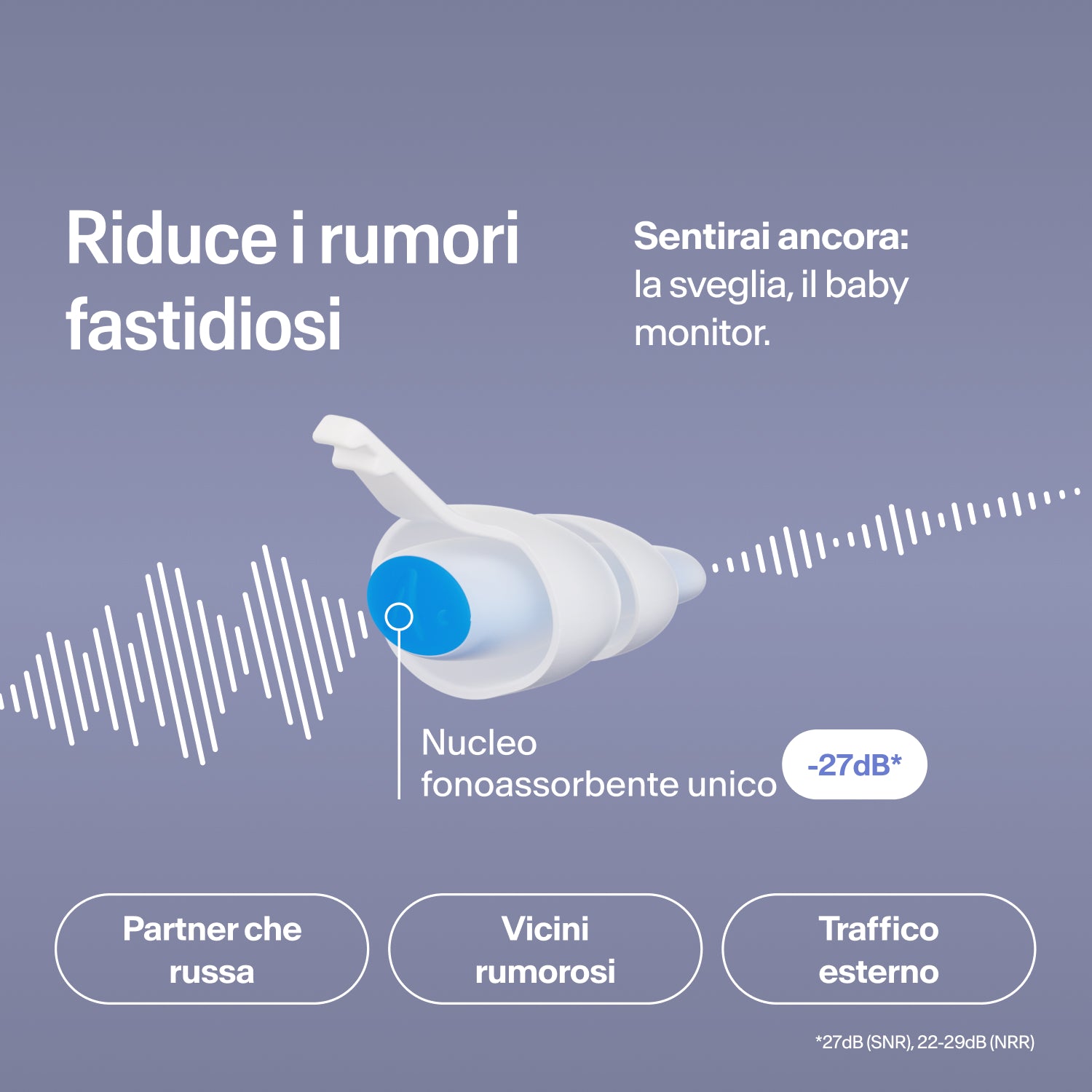 Tappo Alpine SleepDeep taglia M che riduce di 27 dB russamento, rumori dei vicini e traffico, lasciando udibile la sveglia 