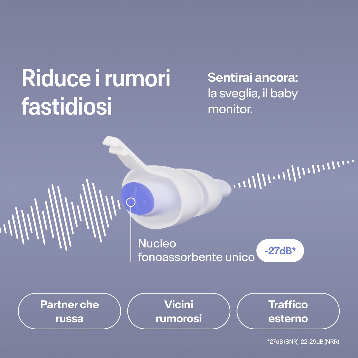 Tappo Alpine SleepDeep Multisize che riduce di 27 dB russamento, rumori dei vicini e traffico, lasciando udibile la sveglia 