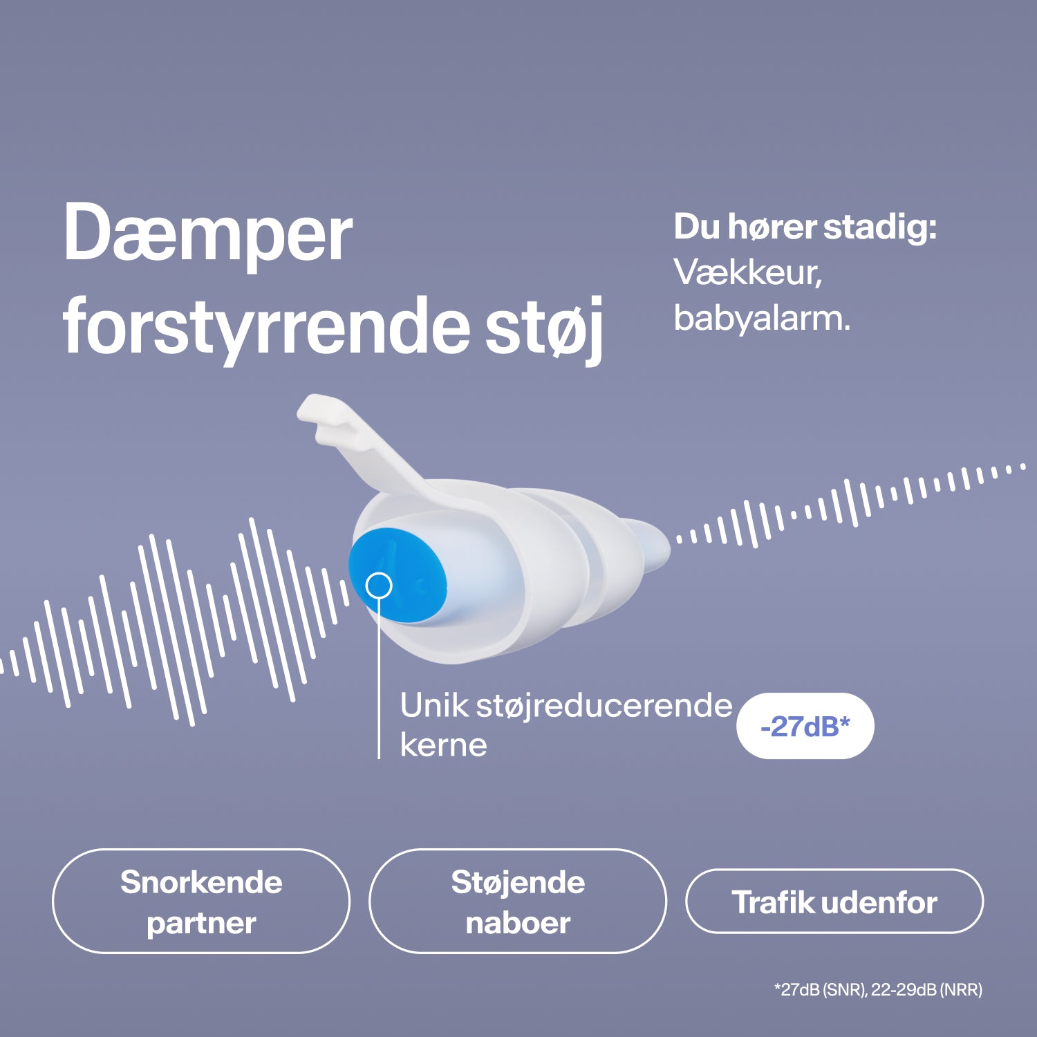 Alpine SleepDeep øreprop i størrelse M dæmper snorken, nabo- og trafikstøj med 27 dB, mens vækkeuret stadig kan høres 