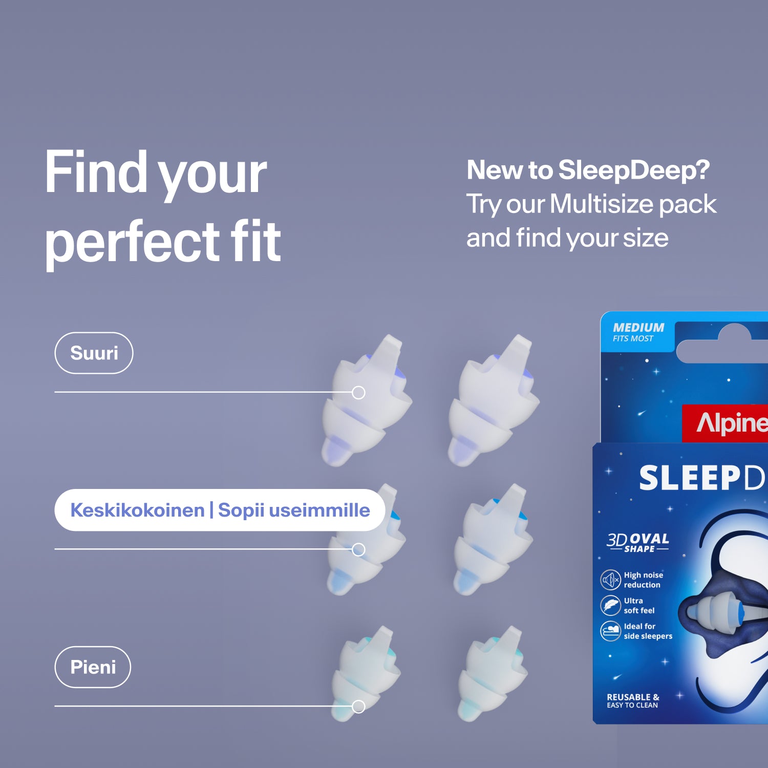 Alpine SleepDeep -korvatulpat kokoina Large, Medium ja Small pakkauksen vieressä; Multisize-pakkauksella löydät oikean koon 