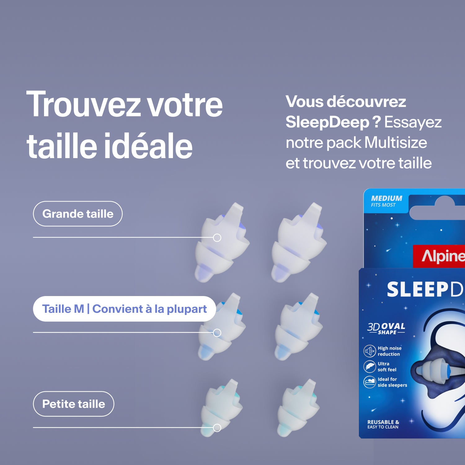 Bouchons Alpine SleepDeep en tailles Large, Medium et Small à côté de l&