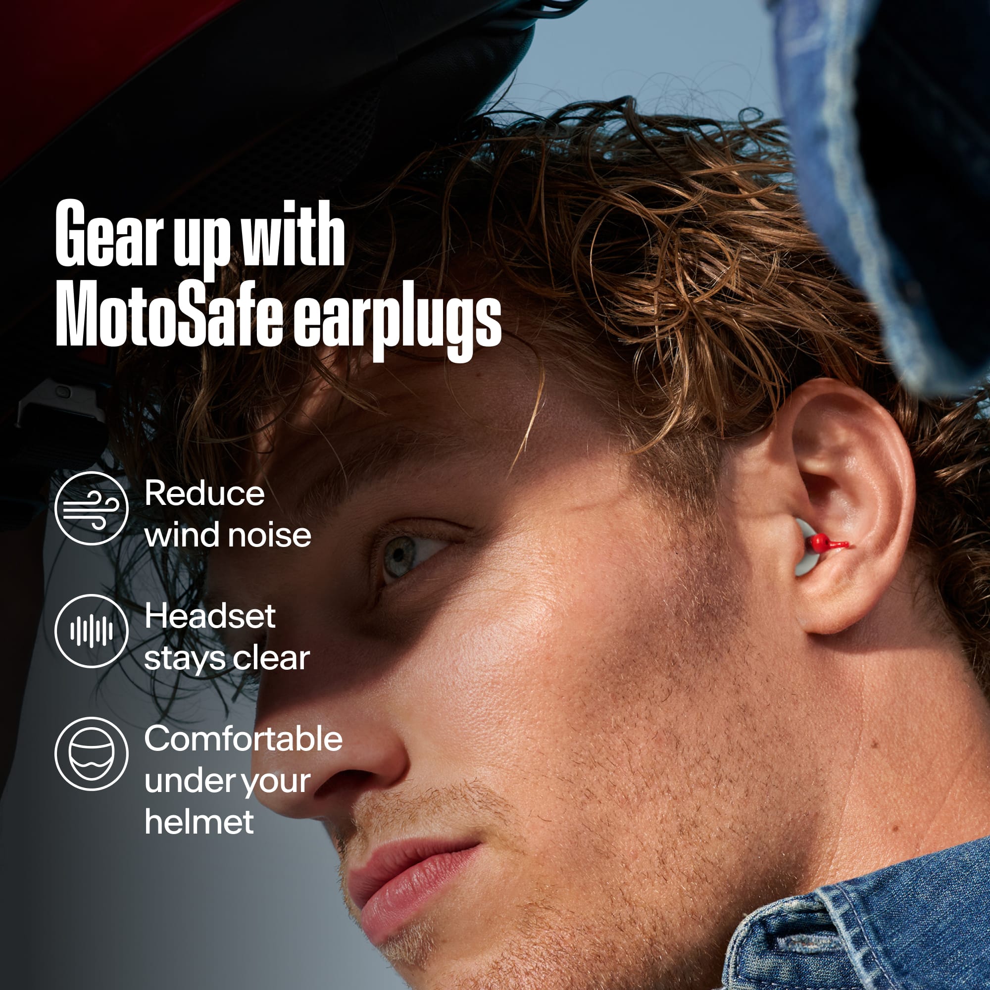 Man wearing an Alpine MotoSafe Duo earplug, with the text &