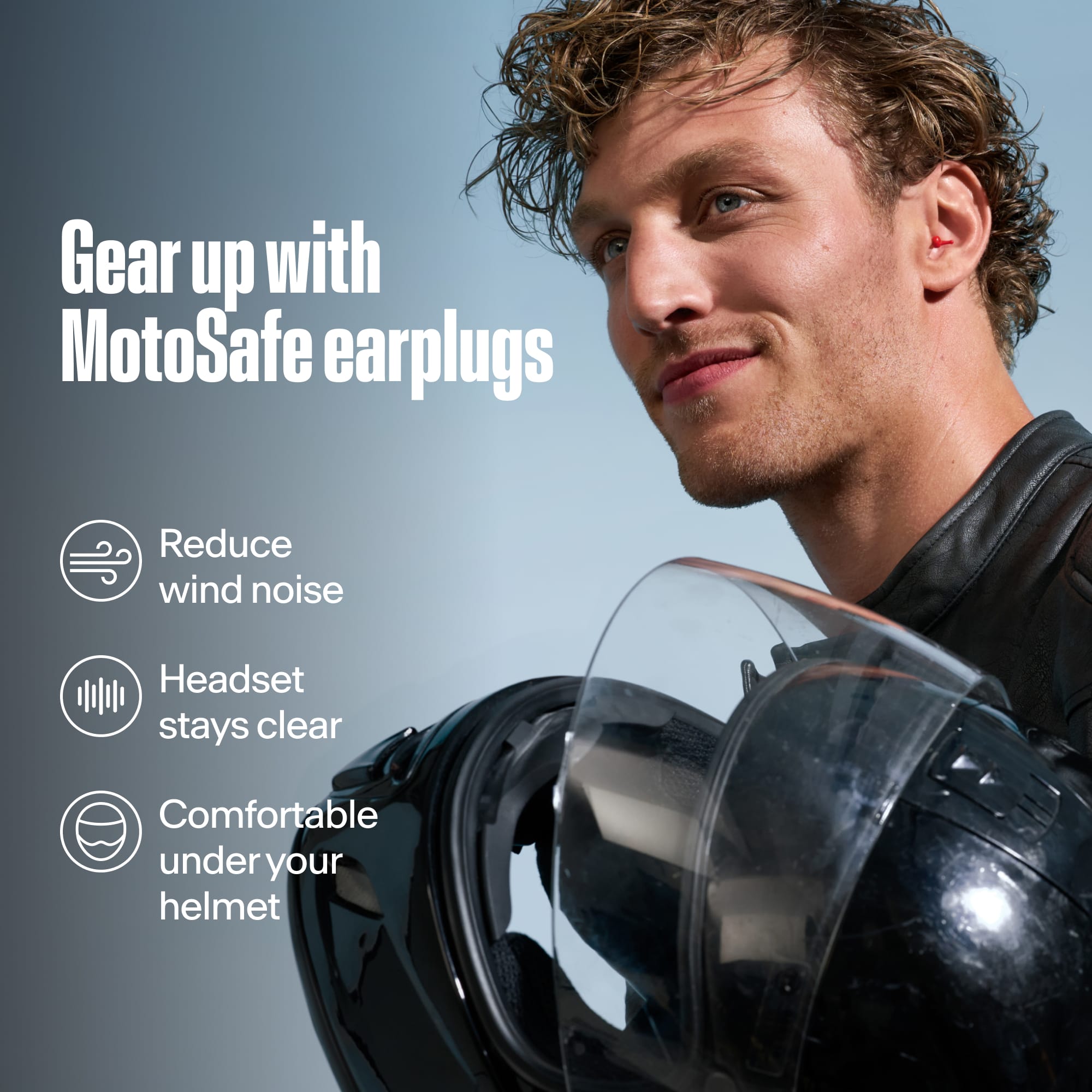 Motorcyclist with Alpine MotoSafe Sport earplugs holding a helmet, with the text &