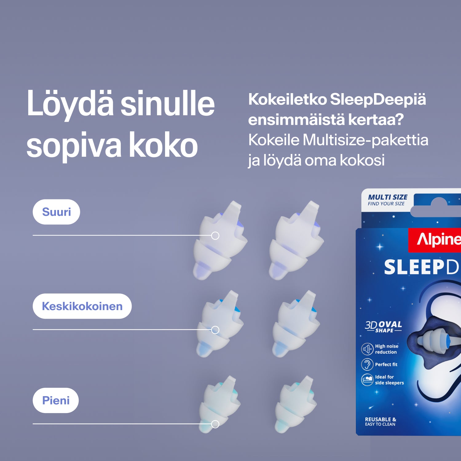 Alpine SleepDeep -korvatulpat kokoina Large, Medium ja Small pakkauksen vieressä; Multisize-pakkauksella löydät oikean koon 