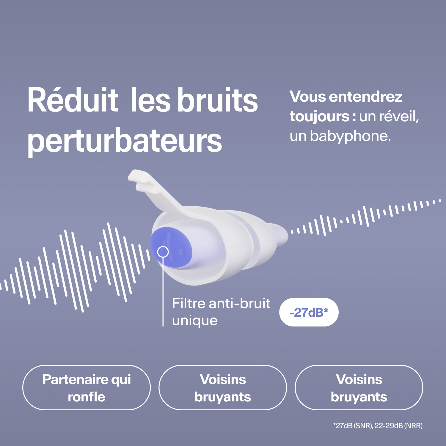 Bouchon Alpine SleepDeep taille M réduisant de 27 dB ronflements, voisinage et trafic, le réveil restant audible 