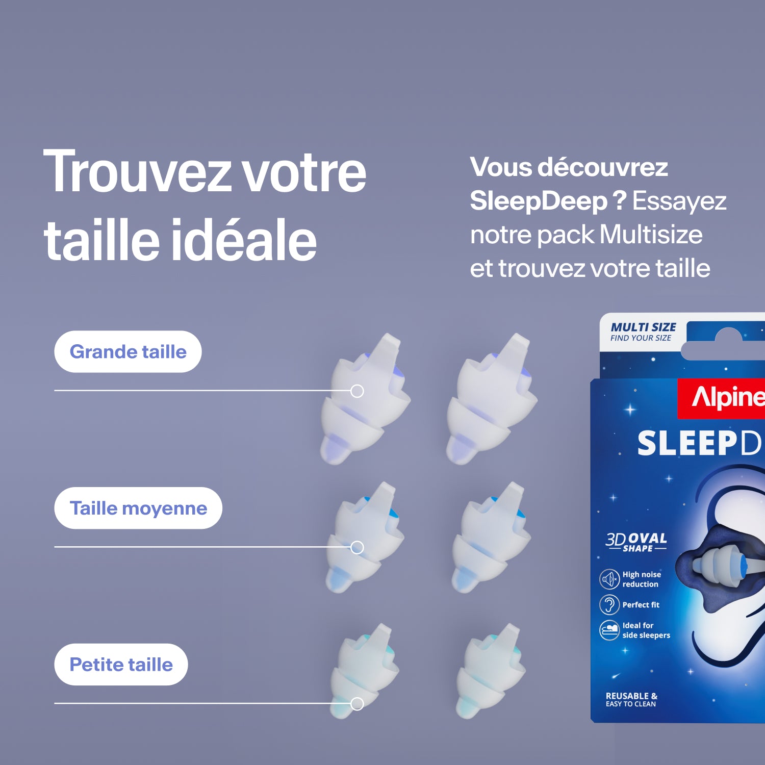 Bouchons Alpine SleepDeep en tailles Large, Medium et Small à côté de l&
