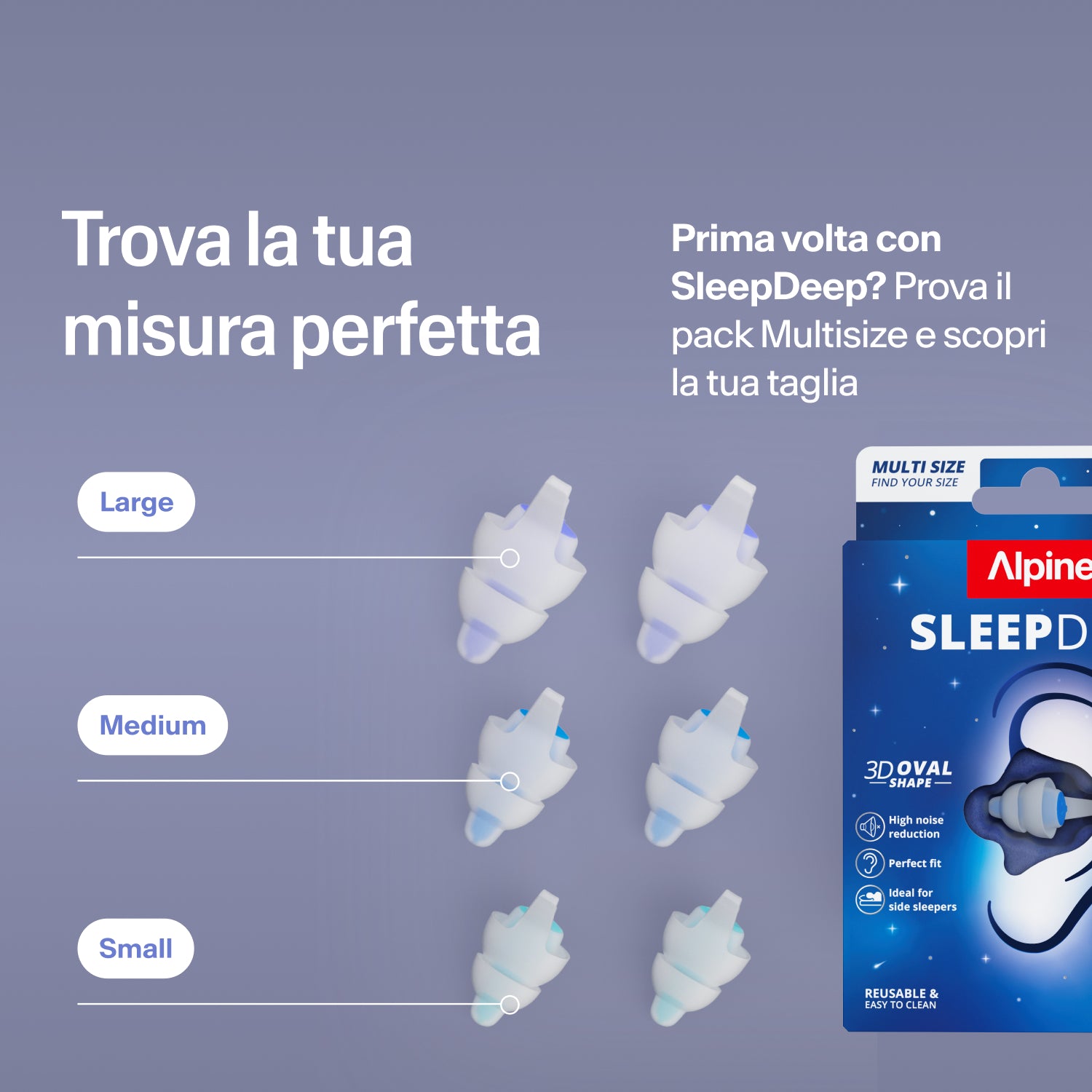 Tappi Alpine SleepDeep nelle taglie Large, Medium e Small accanto alla confezione; il pack Multisize aiuta a trovare la taglia giusta 