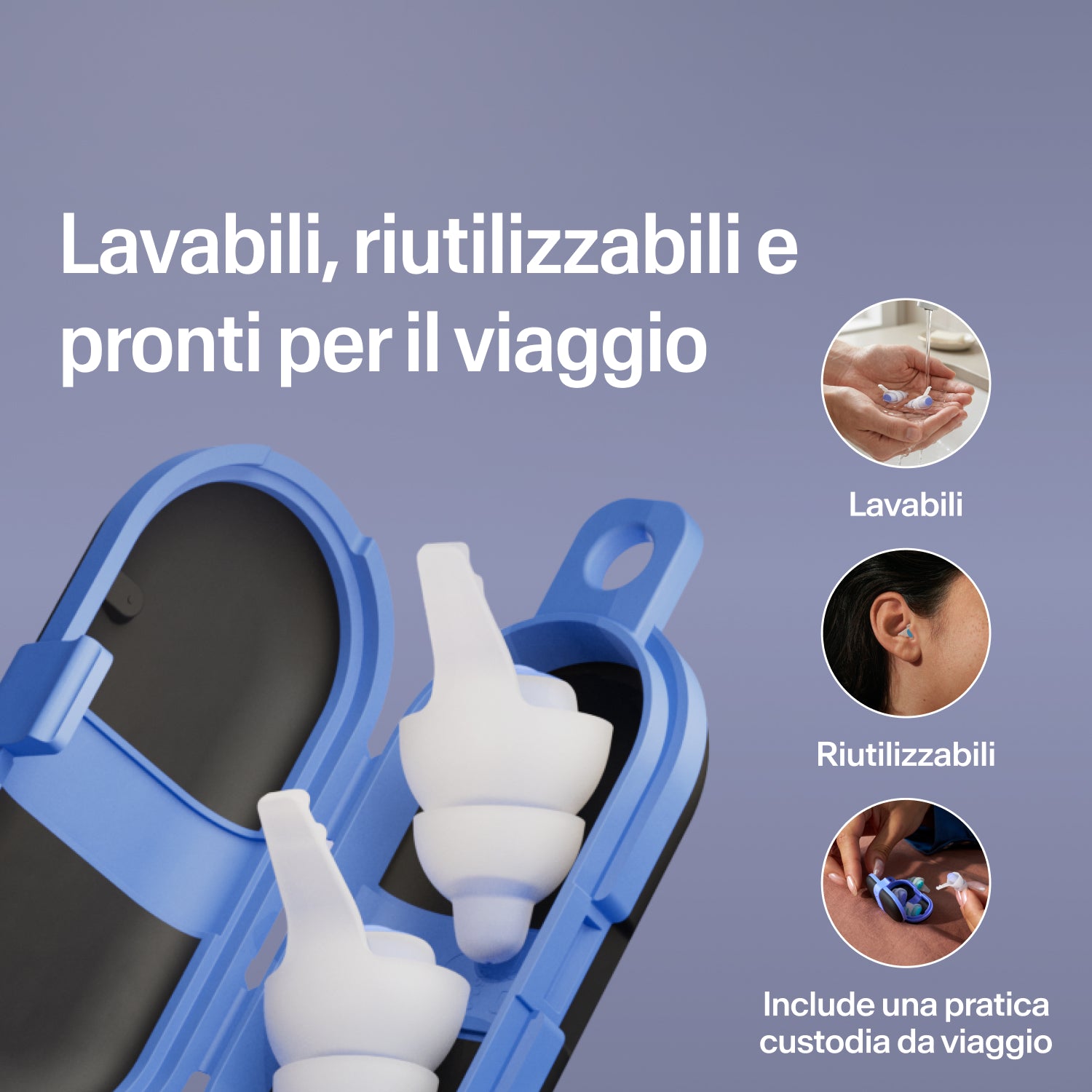 Tappi lavabili e riutilizzabili Alpine SleepDeep Multisize in una custodia da viaggio blu compatta aperta, pronti per viaggiare 