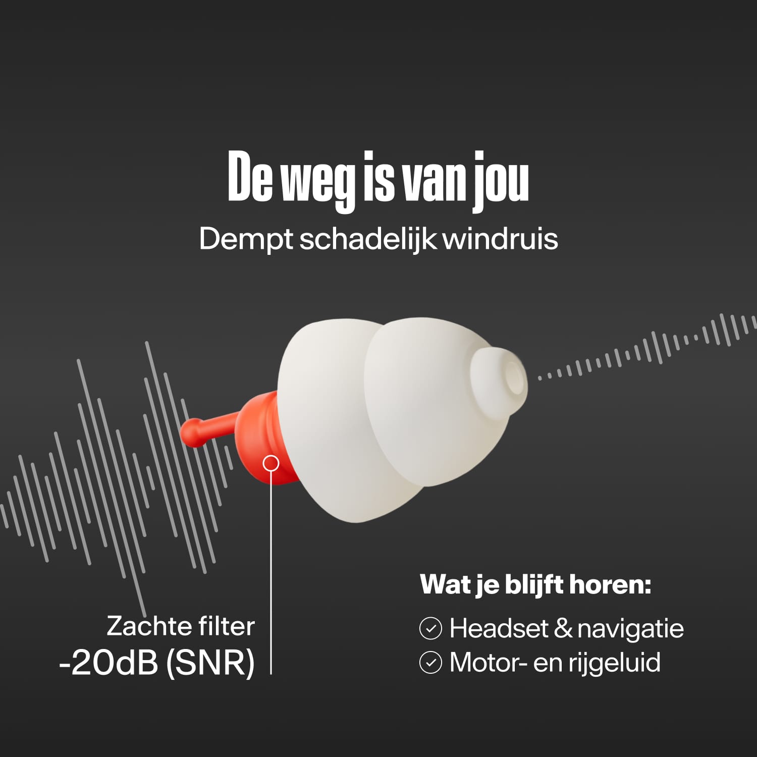 Alpine MotoSafe Sport oordop die geluidsgolven filtert, met de tekst &