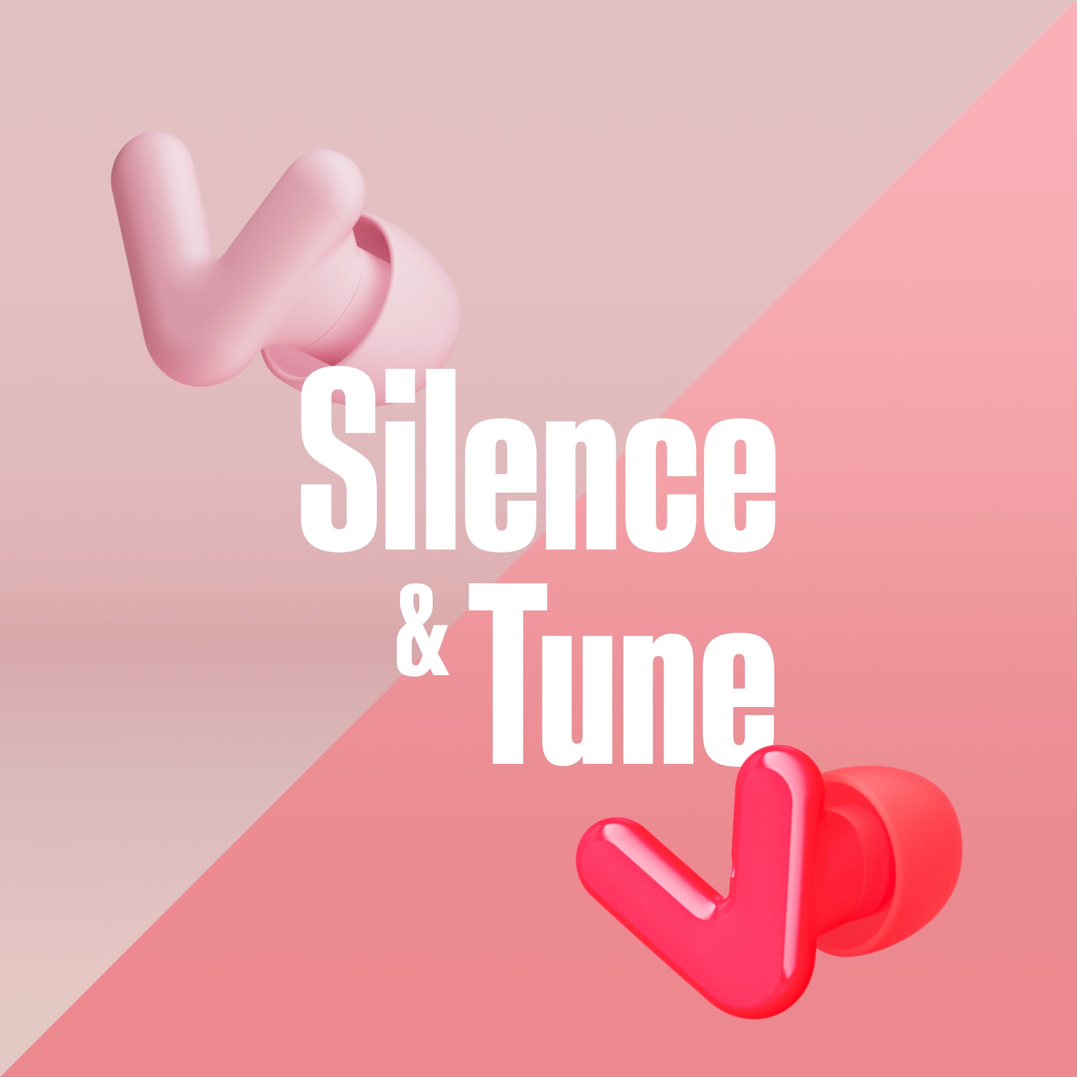 Alpine Silence and Alpine Tune Pink earplugs, 3D render on a pink background with the text &