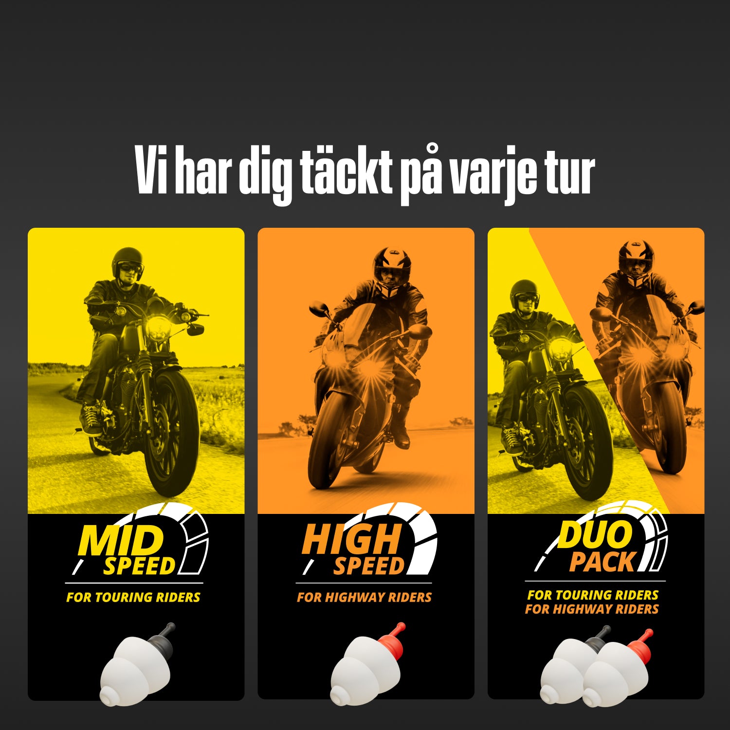 Tre Alpine MotoSafe-varianter under texten &