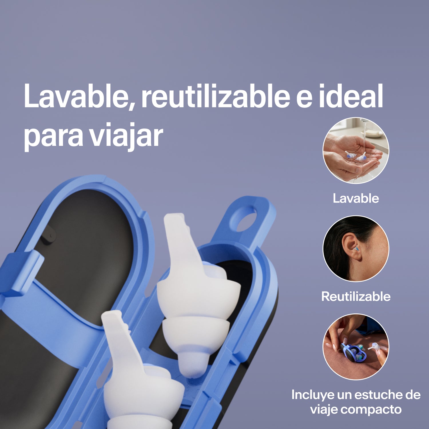 Tapones lavables y reutilizables Alpine SleepDeep talla S en un estuche de viaje azul compacto abierto, listos para viajar  