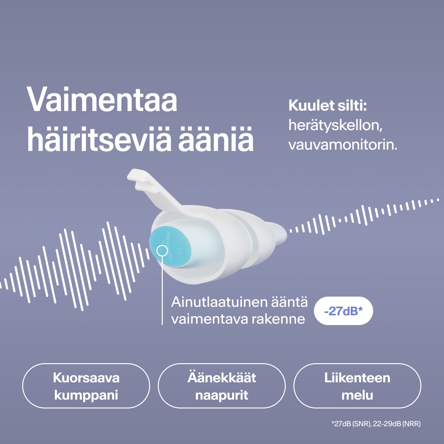 Alpine SleepDeep -korvatulppa, koko S, vaimentaa kuorsausta, naapuri- ja liikennemelua 27 dB, herätyskello kuuluu silti  