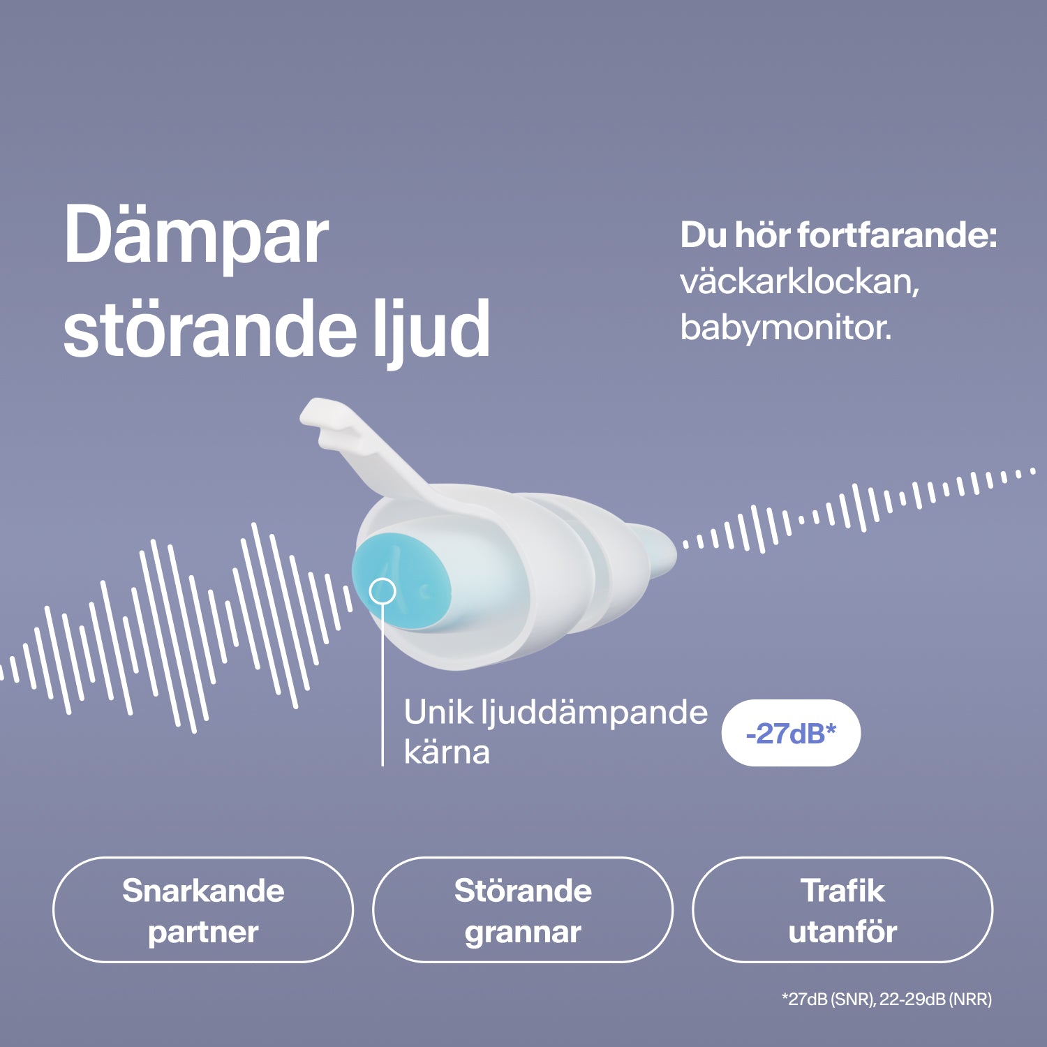 Alpine SleepDeep öronpropp i storlek S dämpar snarkning, grann- och trafikbuller med 27 dB, medan väckarklockan hörs 