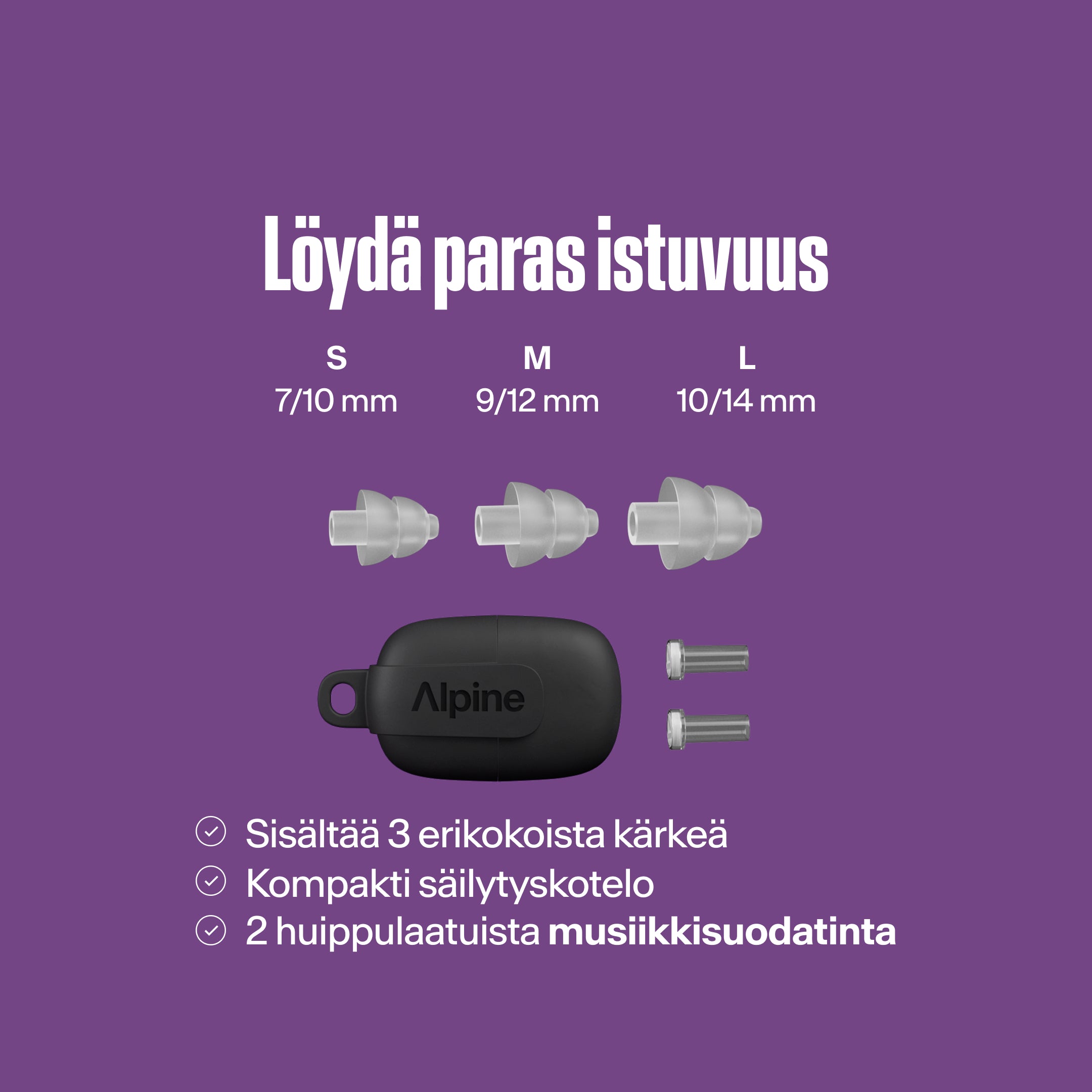 Alpine PartyPlug Pro: löydä paras istuvuus. Kolme läpinäkyvää korvatulppakokoa S, M, L, kotelo, kaksi musiikkisuodatinta 