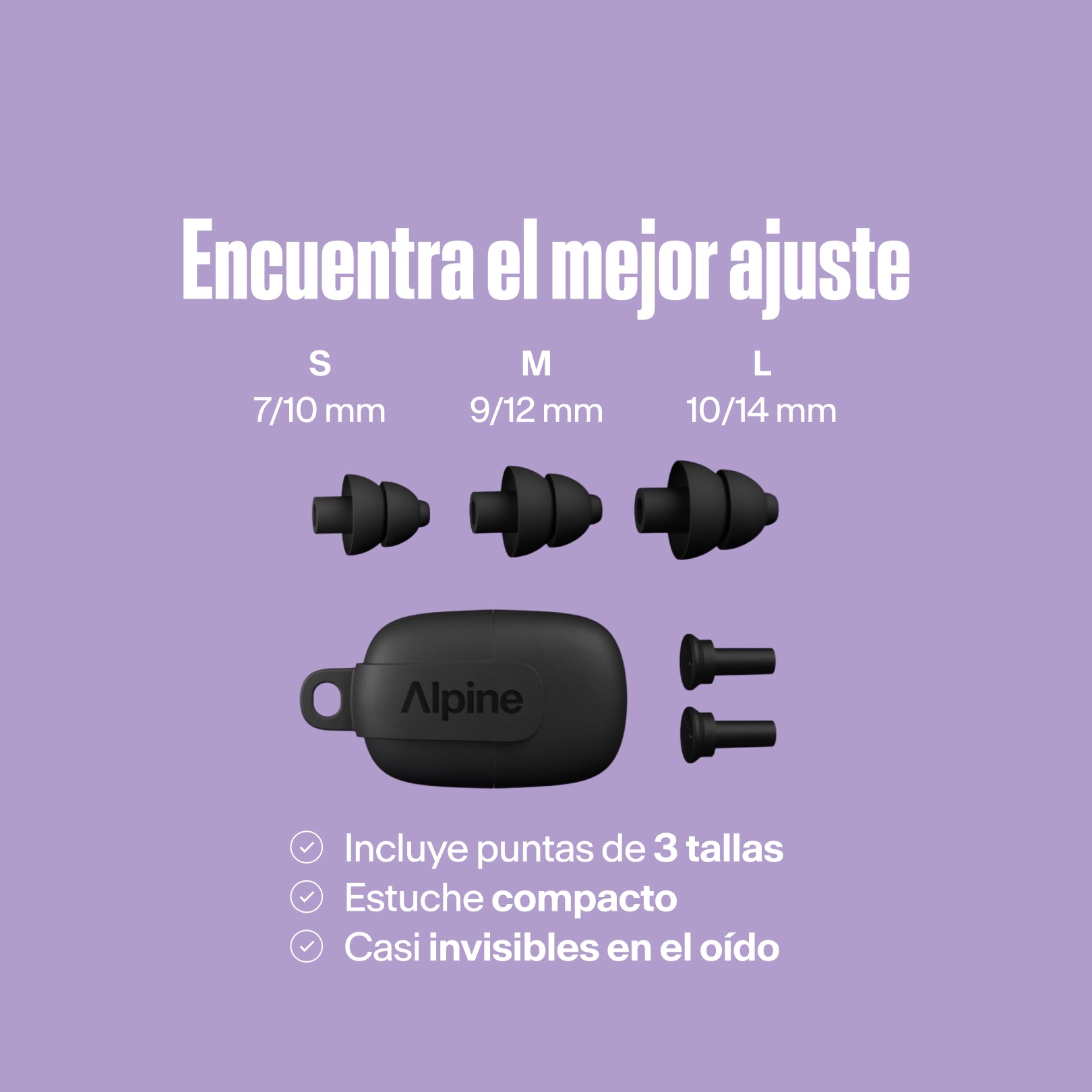 Puntas Alpine PartyPlug (S/M/L) con estuche compacto, casi invisibles en el oído 