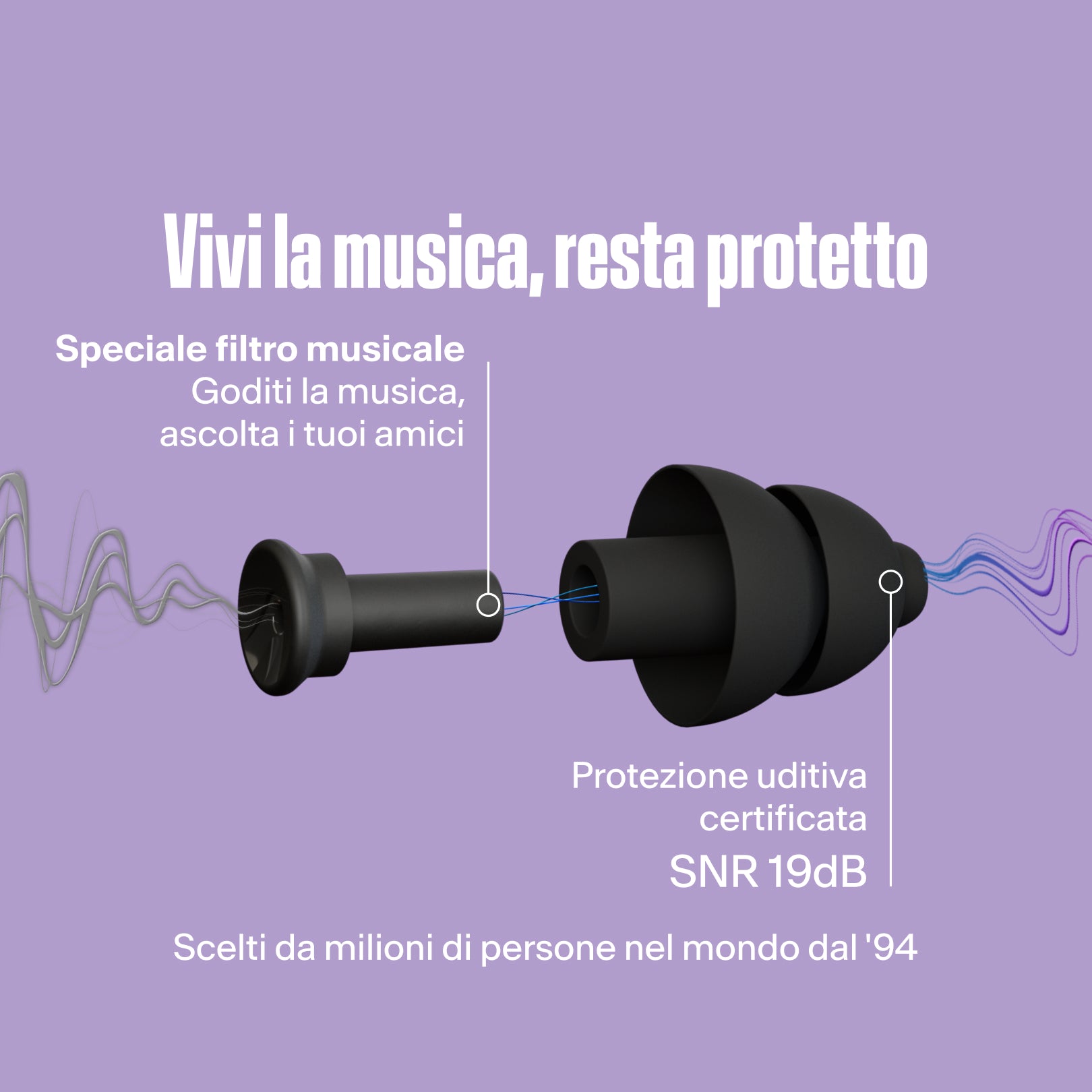 Alpine PartyPlug nero: filtro musicale speciale per sentire gli amici, protezione uditiva certificata SNR 19dB 