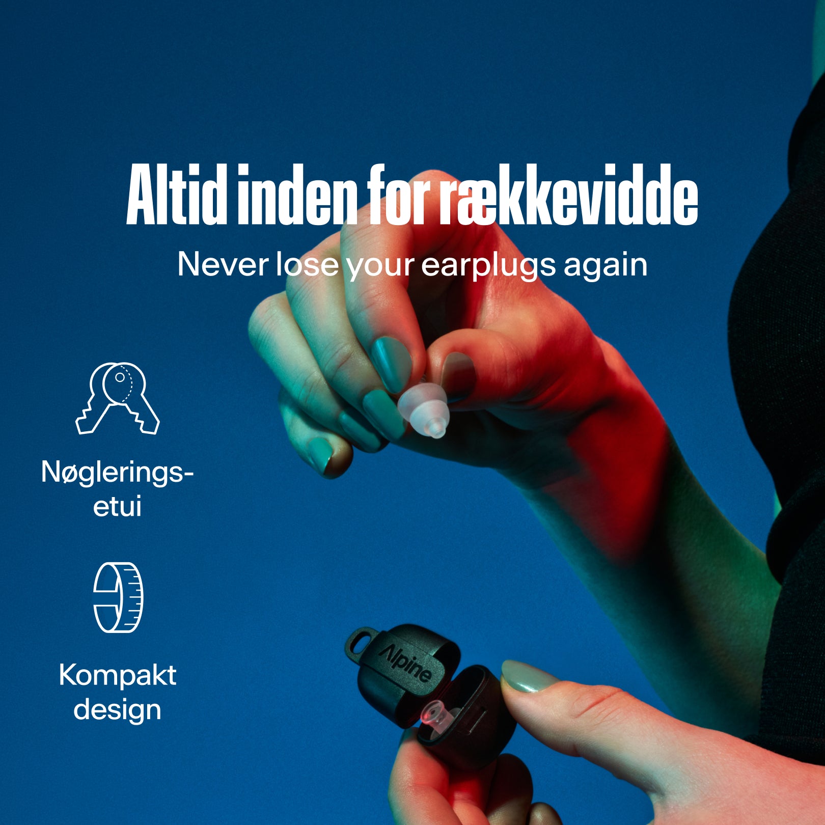Alpine PartyPlug sort: nøgleringsetui, kompakt design, mist aldrig dine ørepropper igen 