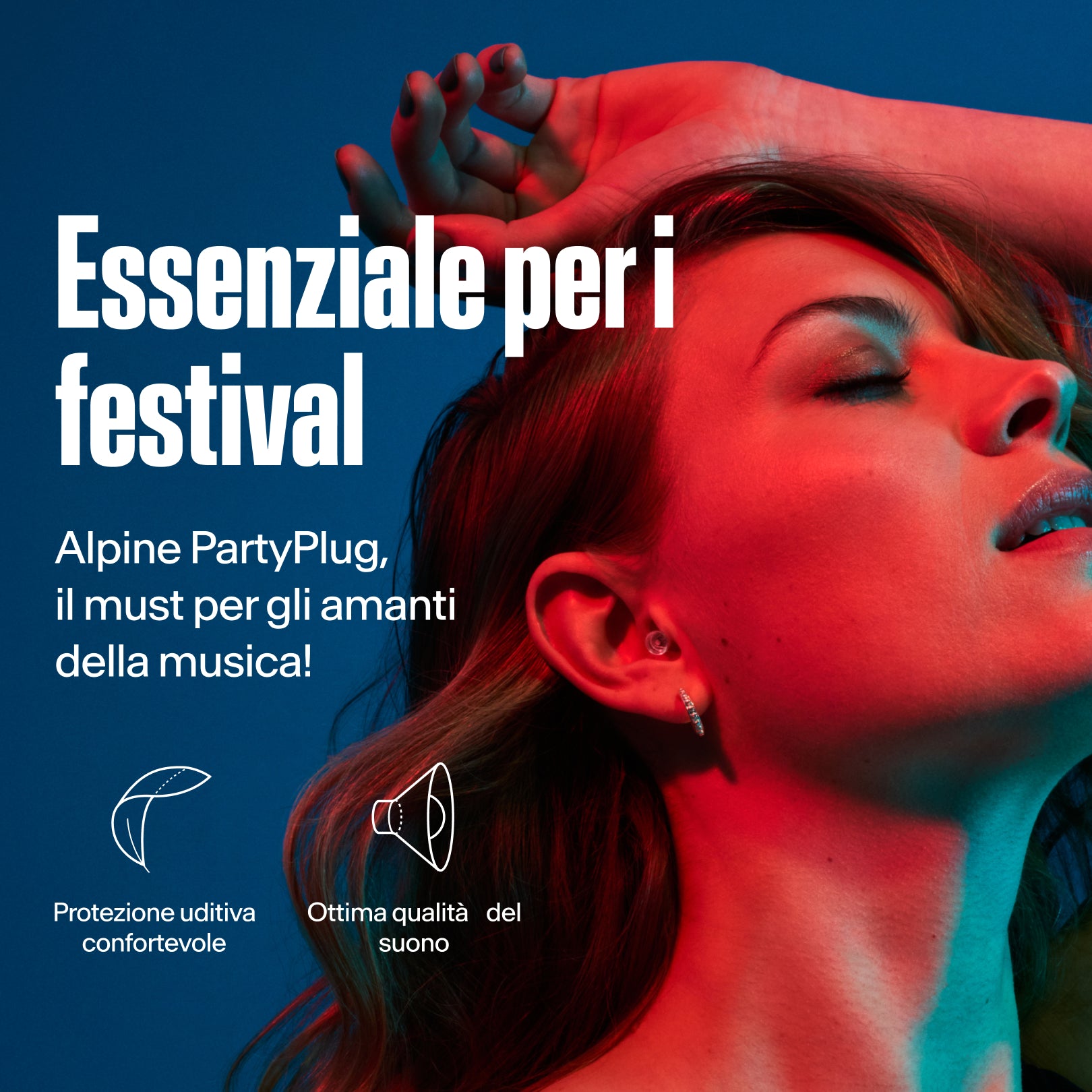 Tappo auricolare Alpine PartyPlug indossato da una donna a un festival, con focus su comfort e qualità del suono 