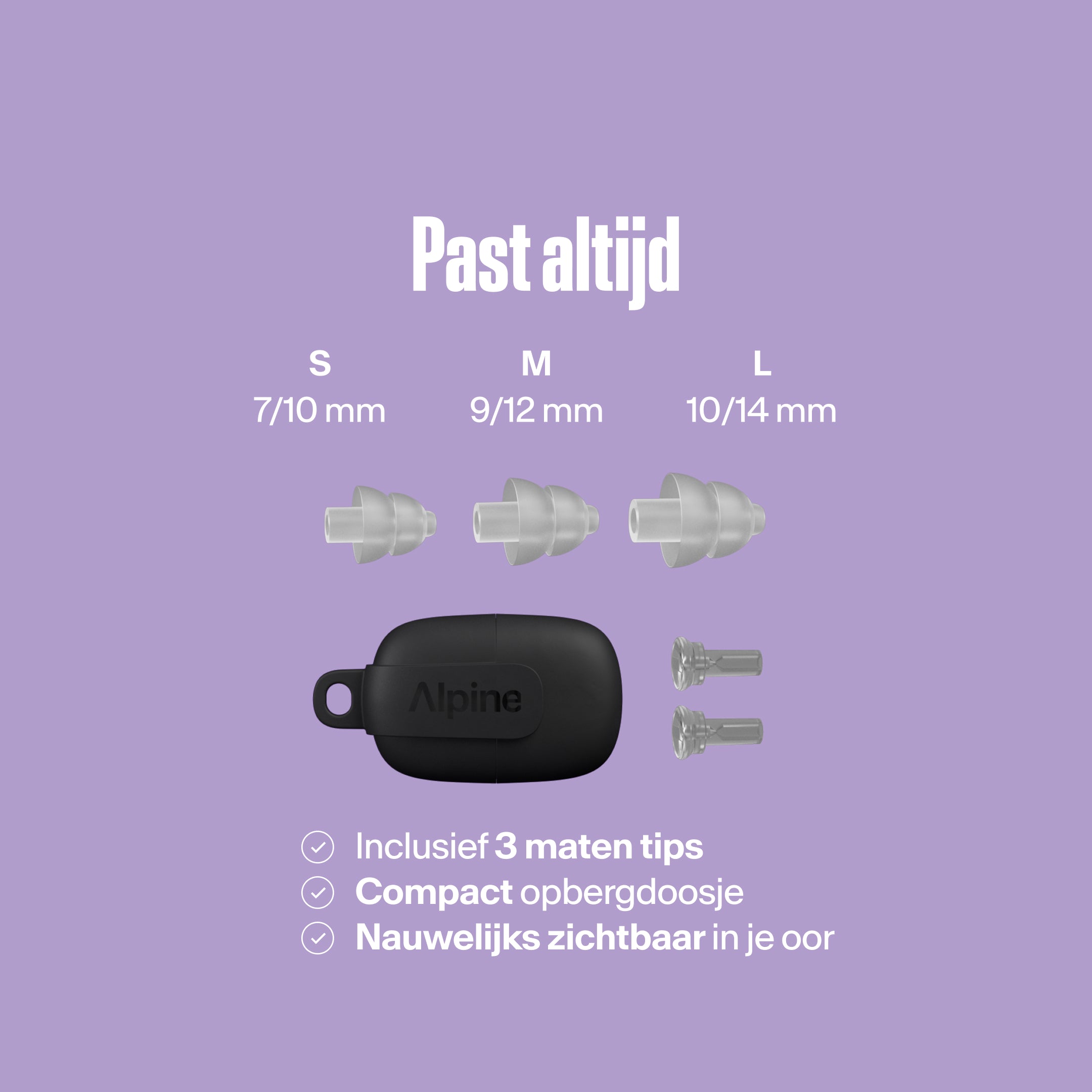 Alpine PartyPlug tips (S/M/L) met compacte draagtas, nauwelijks zichtbaar in het oor 