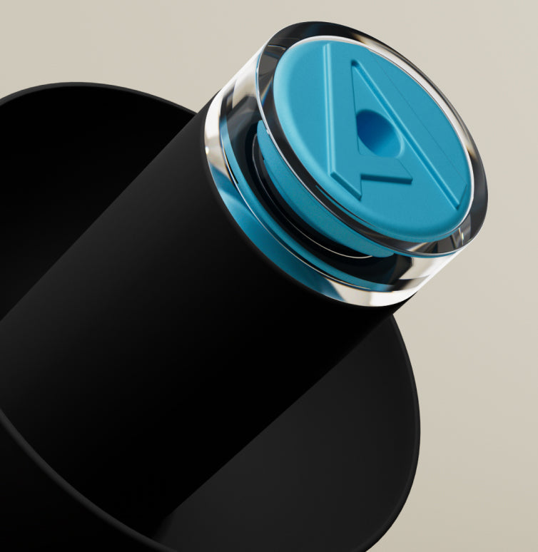 Close-up of the blue filter with Alpine logo on an Alpine 24h Le Mans® earplug 