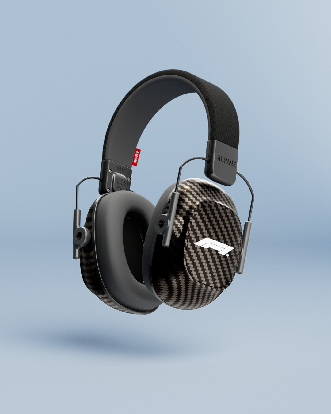 Alpine Formula 1® Earmuffs with carbon-look ear cups and white F1 logo, 3D render on a light blue background 