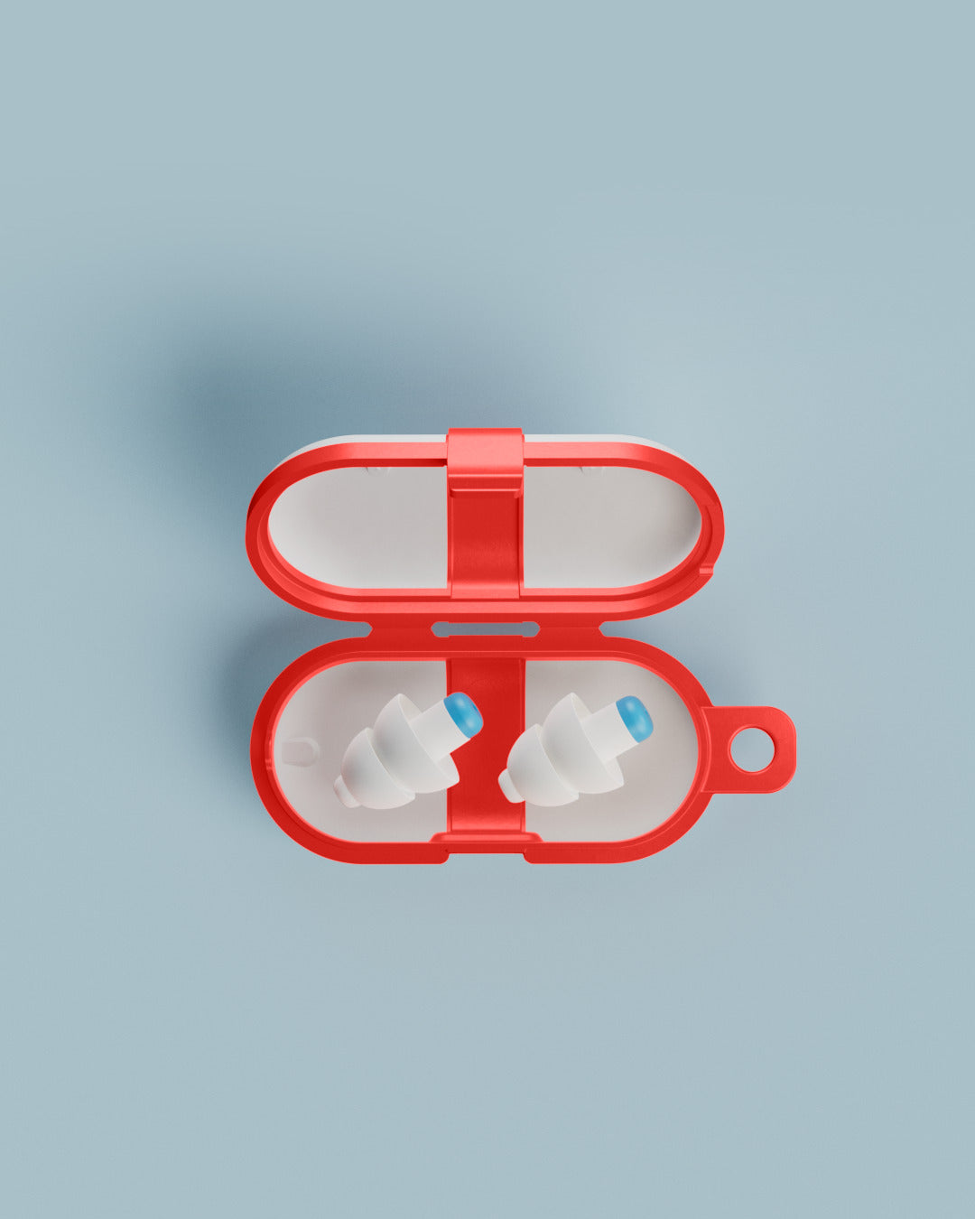 Alpine SwimSafe earplugs in an open red carrying case with keyring loop, top view 