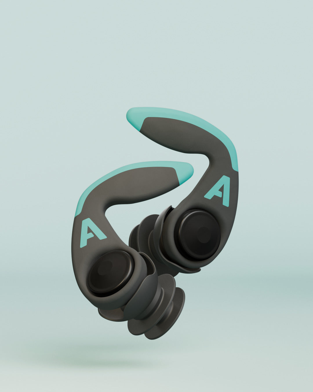 Pair of Alpine WaterSafe Pro earplugs with ear fins, 3D render on a light green background 