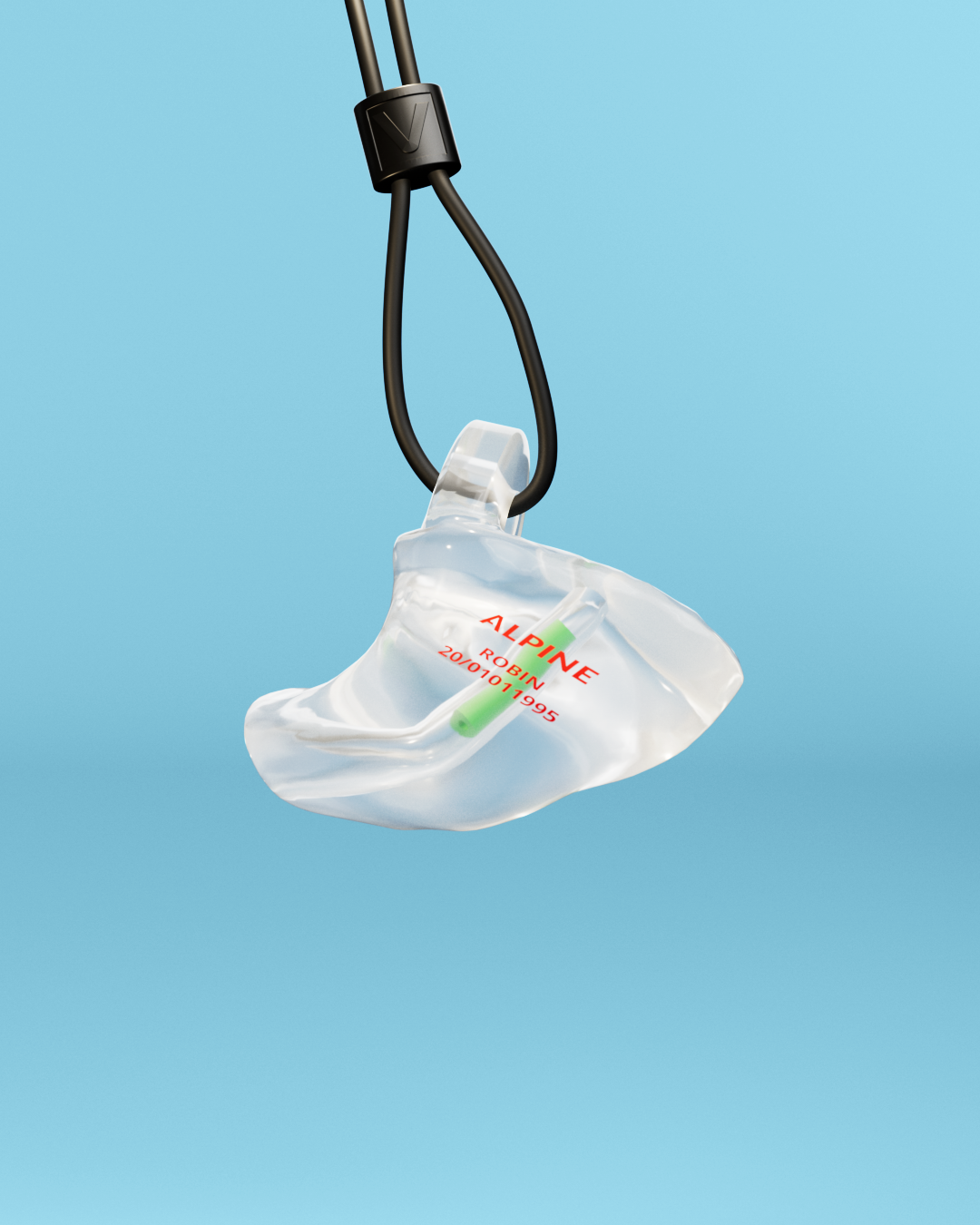 Single Alpine WorkSafe Custom Transparent earplug hanging from a black cord with adjuster 