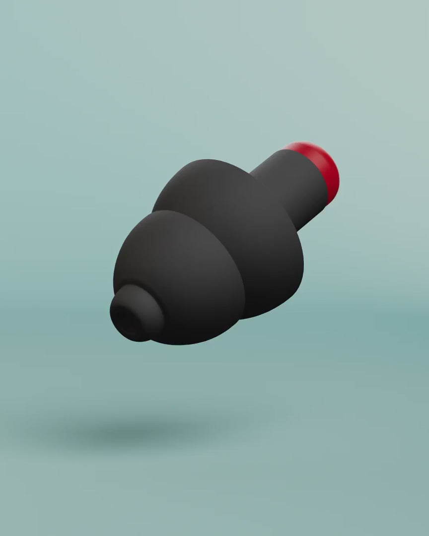 Alpine WorkSafe product animation, 3D render of a black earplug with red filter tip on a light blue background #pdp_hide
