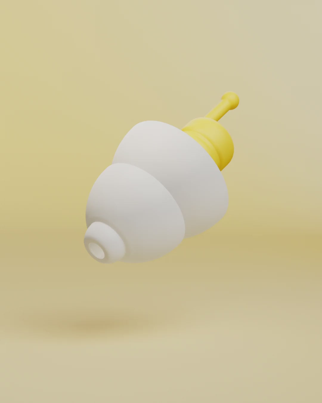 Alpine FlyFit product animation, 3D render of a white earplug with yellow filter on a yellow background #pdp_hide