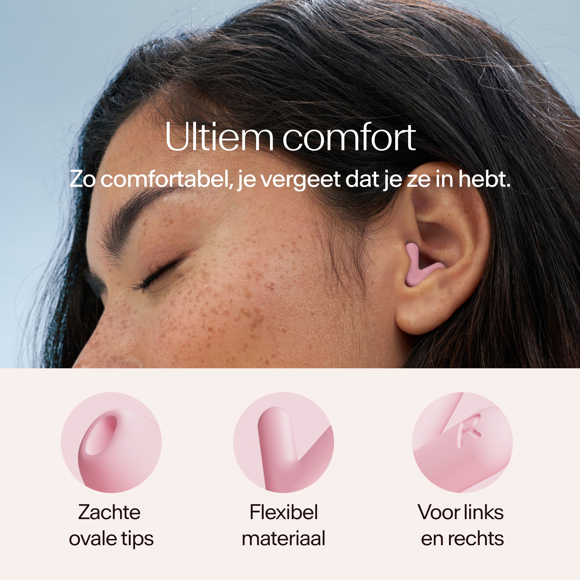 Close-up van een persoon met Alpine Silence oordopjes in roze, met tekst over comfort en productkenmerken 