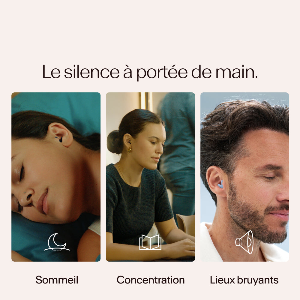 Trois personnes dans différents états de repos ou de concentration portant Alpine Silence en bleu, avec du texte et des icônes indiquant « Sommeil », « Concentration » et « Lieux bruyants » 