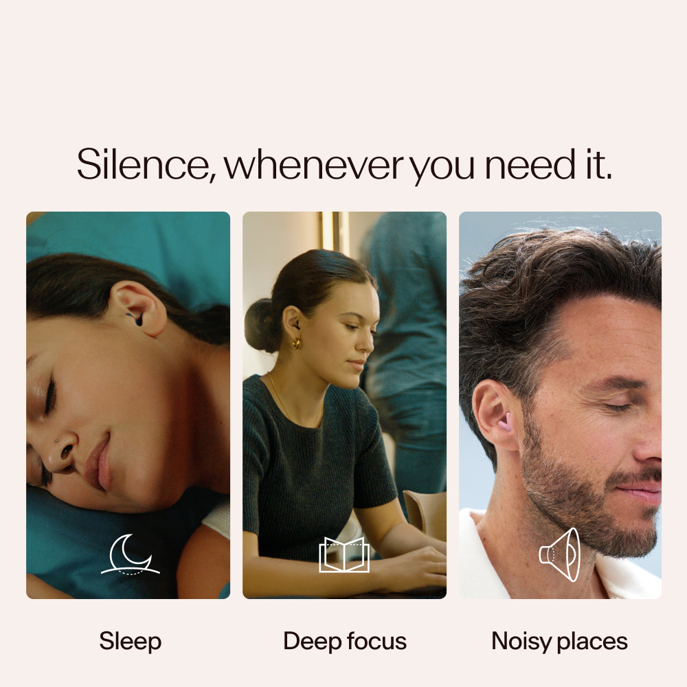 Three people in different states of rest or focus while wearing Alpine Silence in pink, with text and icons indicating &