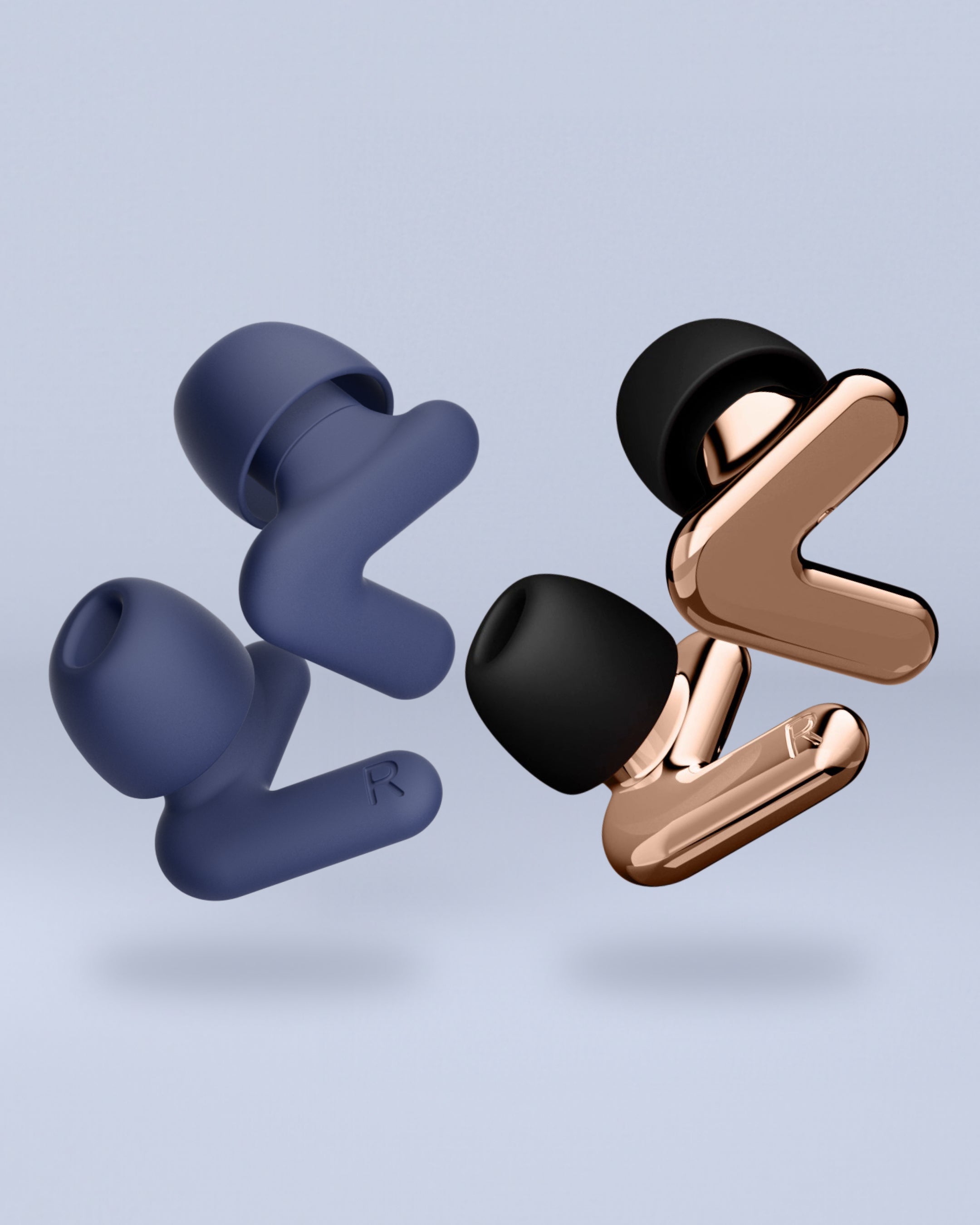 Alpine Day & Night Bundle: a pair of rose gold Alpine Tune and a pair of dark blue Alpine Silence earplugs, 3D render 